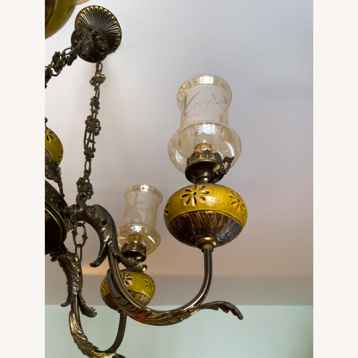 Vintage Ceramic & Brass Chandelier - image-5