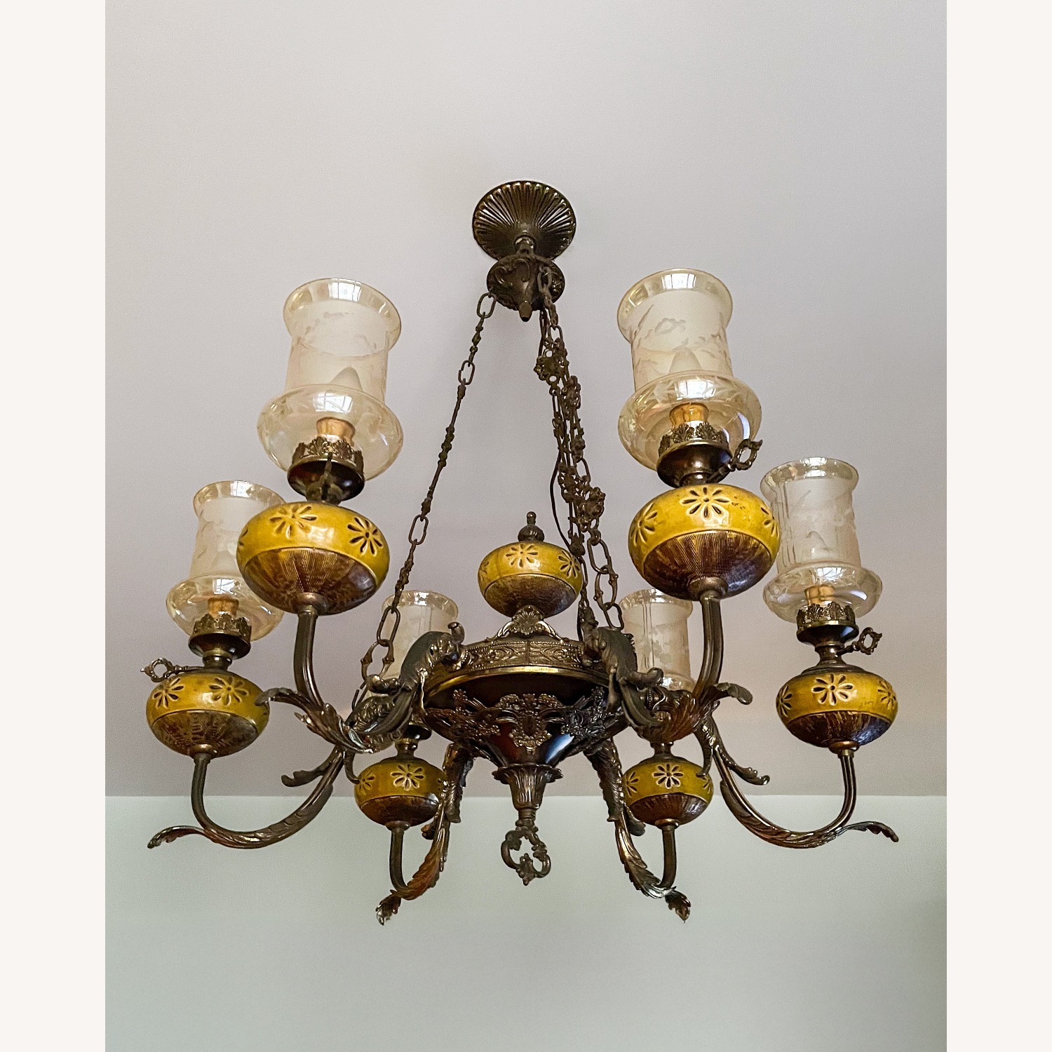Vintage Ceramic & Brass Chandelier - image-1