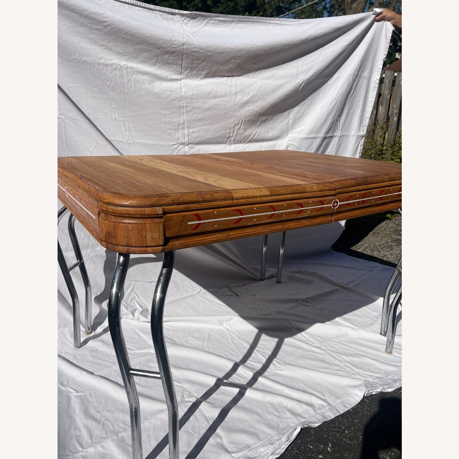Vintage 1950s Wood-Top Chrome-Leg Table w Leaf - image-1