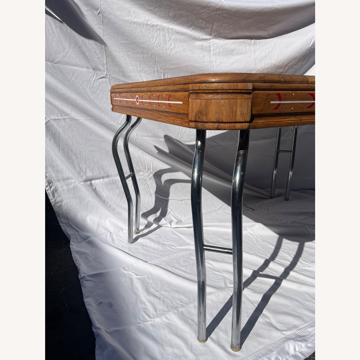 Vintage 1950s Wood-Top Chrome-Leg Table w Leaf - image-7