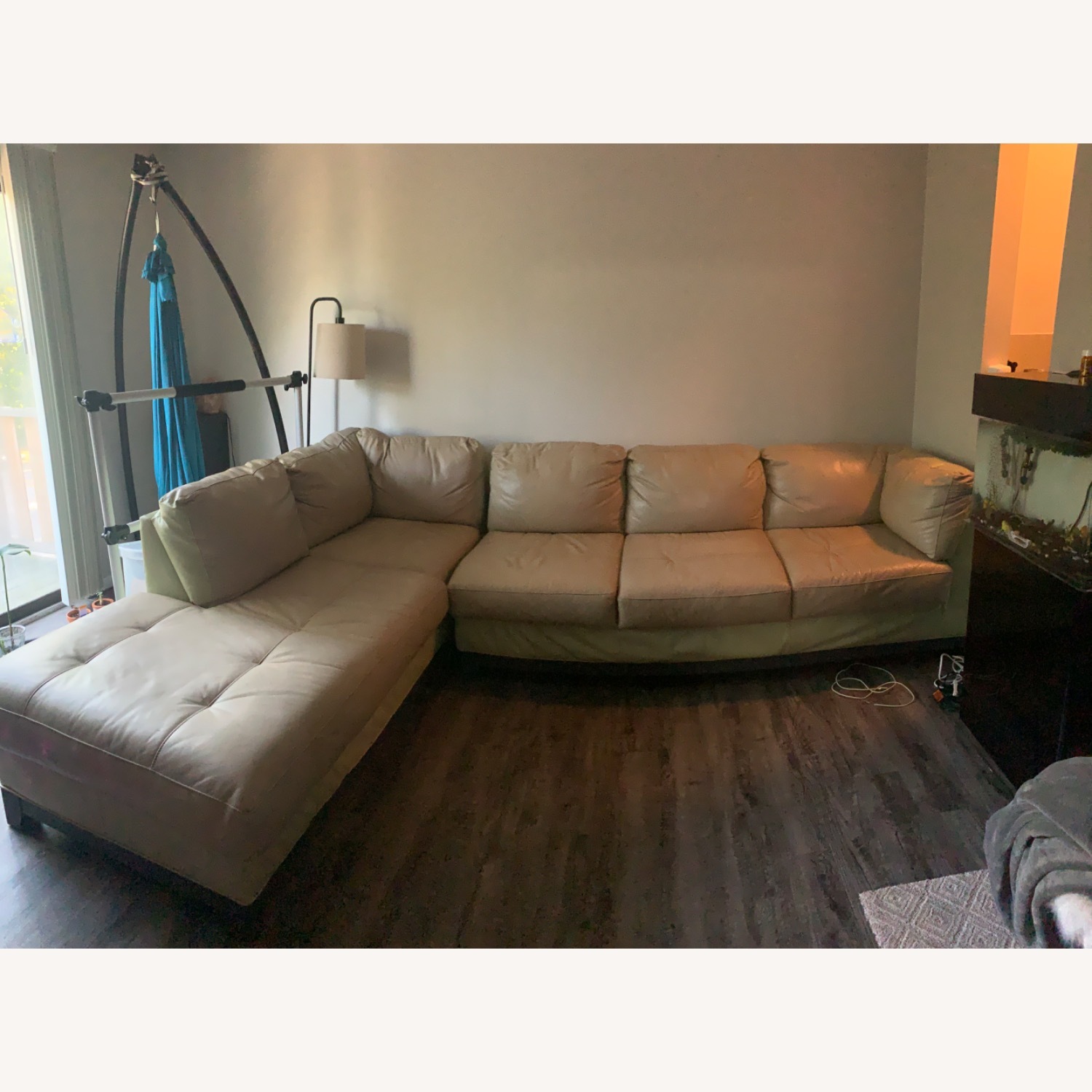 Sage Green & Tan Leather Sectional Couch - image-1