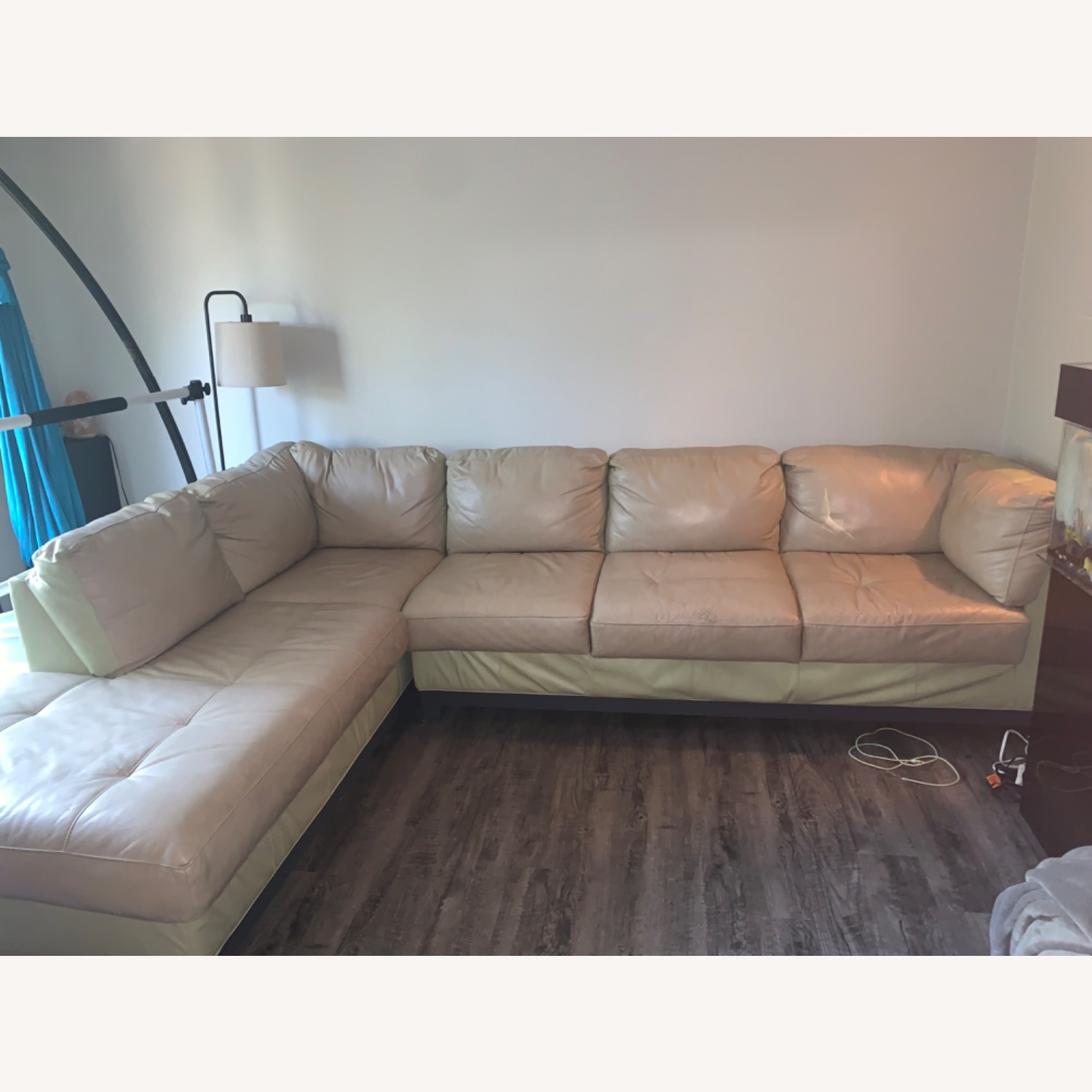 Sage Green & Tan Leather Sectional Couch - image-2
