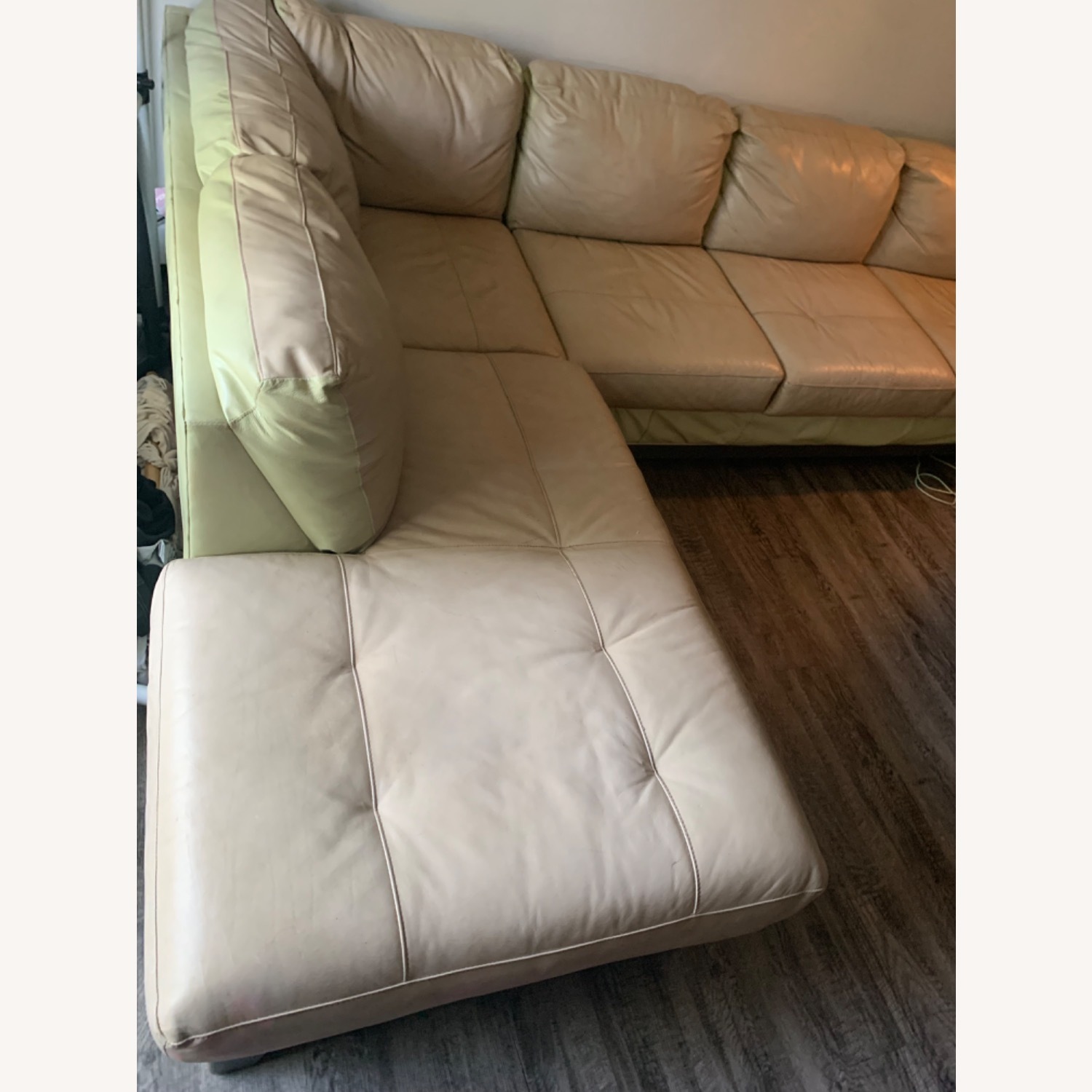 Sage Green & Tan Leather Sectional Couch - image-6