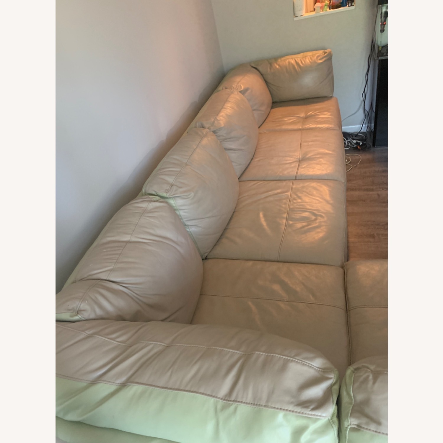 Sage Green & Tan Leather Sectional Couch - image-3
