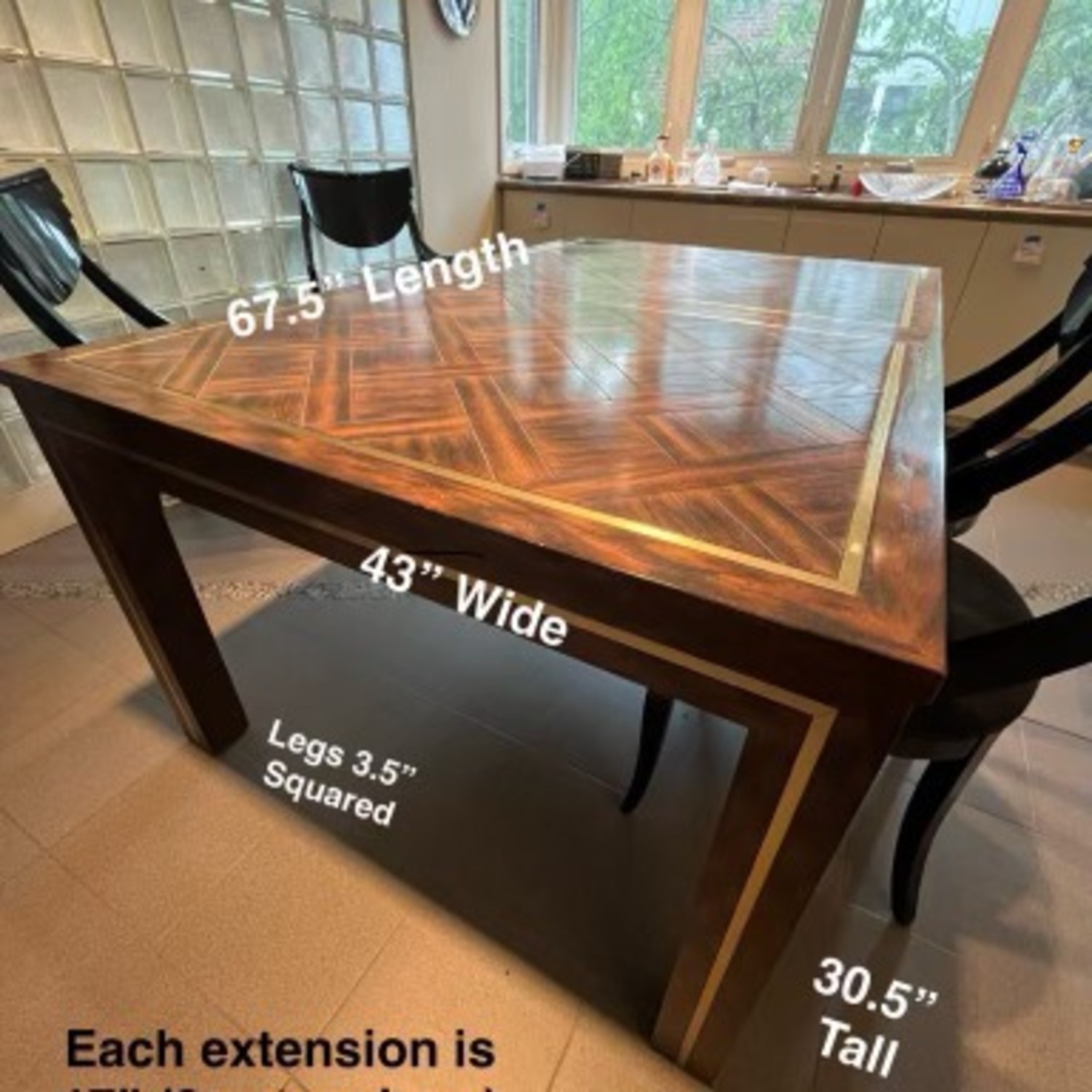 1970s Extendable Wood Dining Table W Brass Inlay - image-9