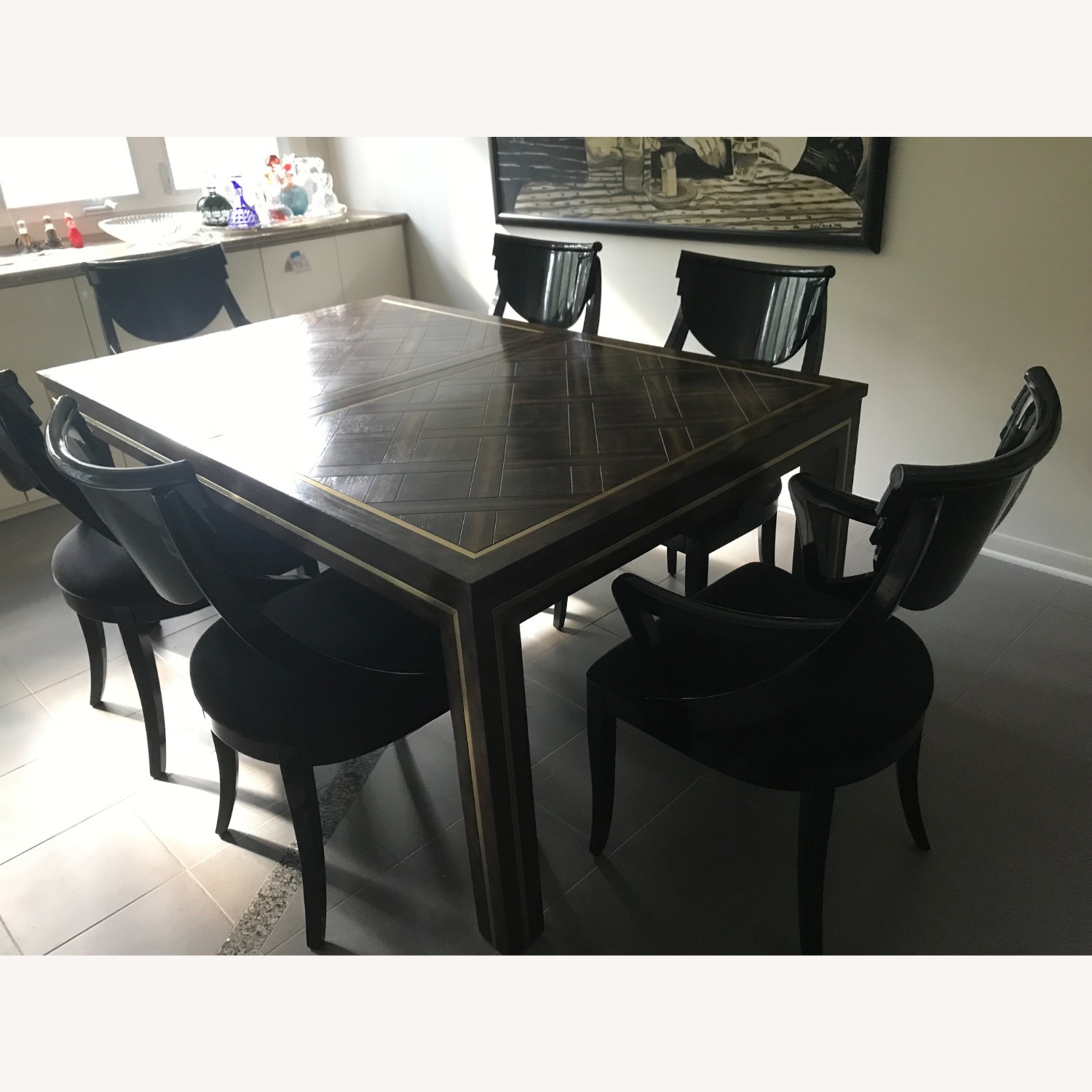 1970s Extendable Wood Dining Table W Brass Inlay - image-1