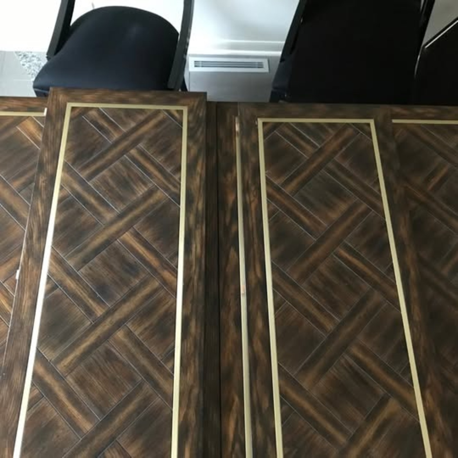 1970s Extendable Wood Dining Table W Brass Inlay - image-4