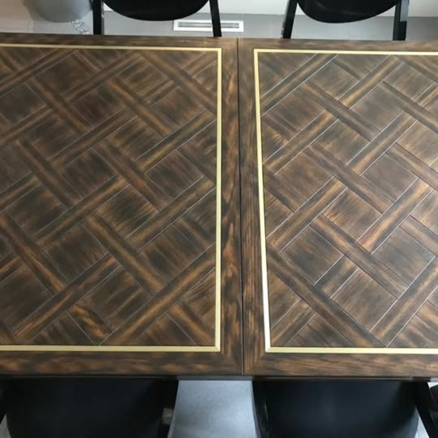 1970s Extendable Wood Dining Table W Brass Inlay - image-7