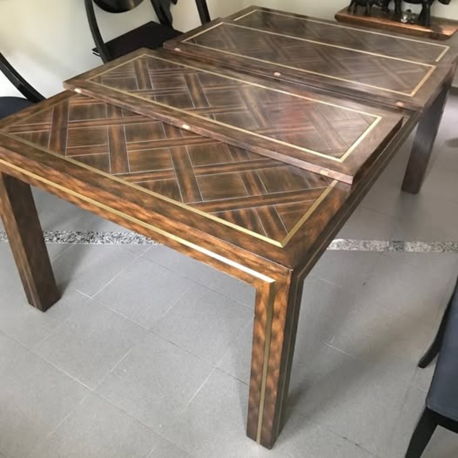 1970s Extendable Wood Dining Table W Brass Inlay - image-3