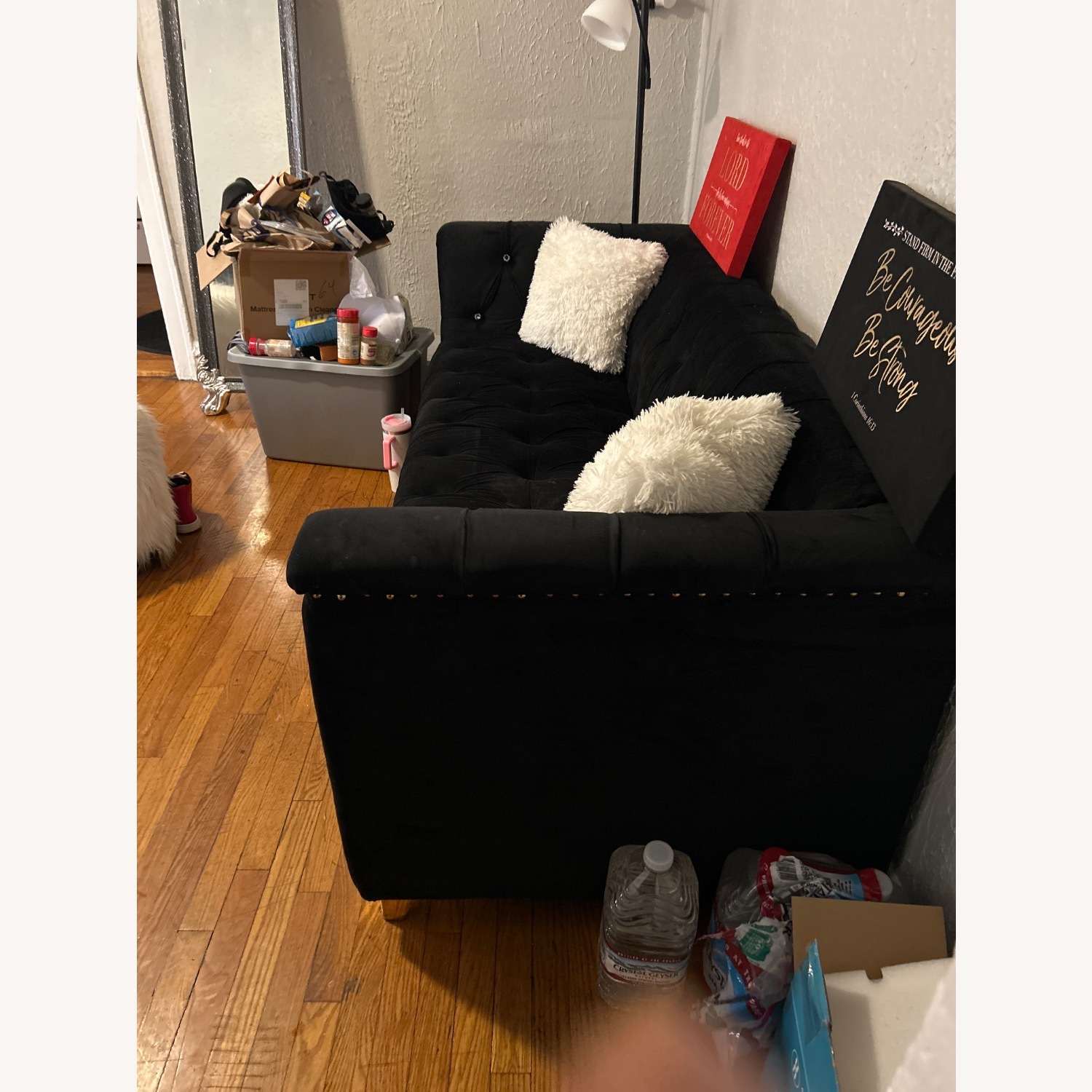 Black and Suede Sofa with White Ottoman - image-2