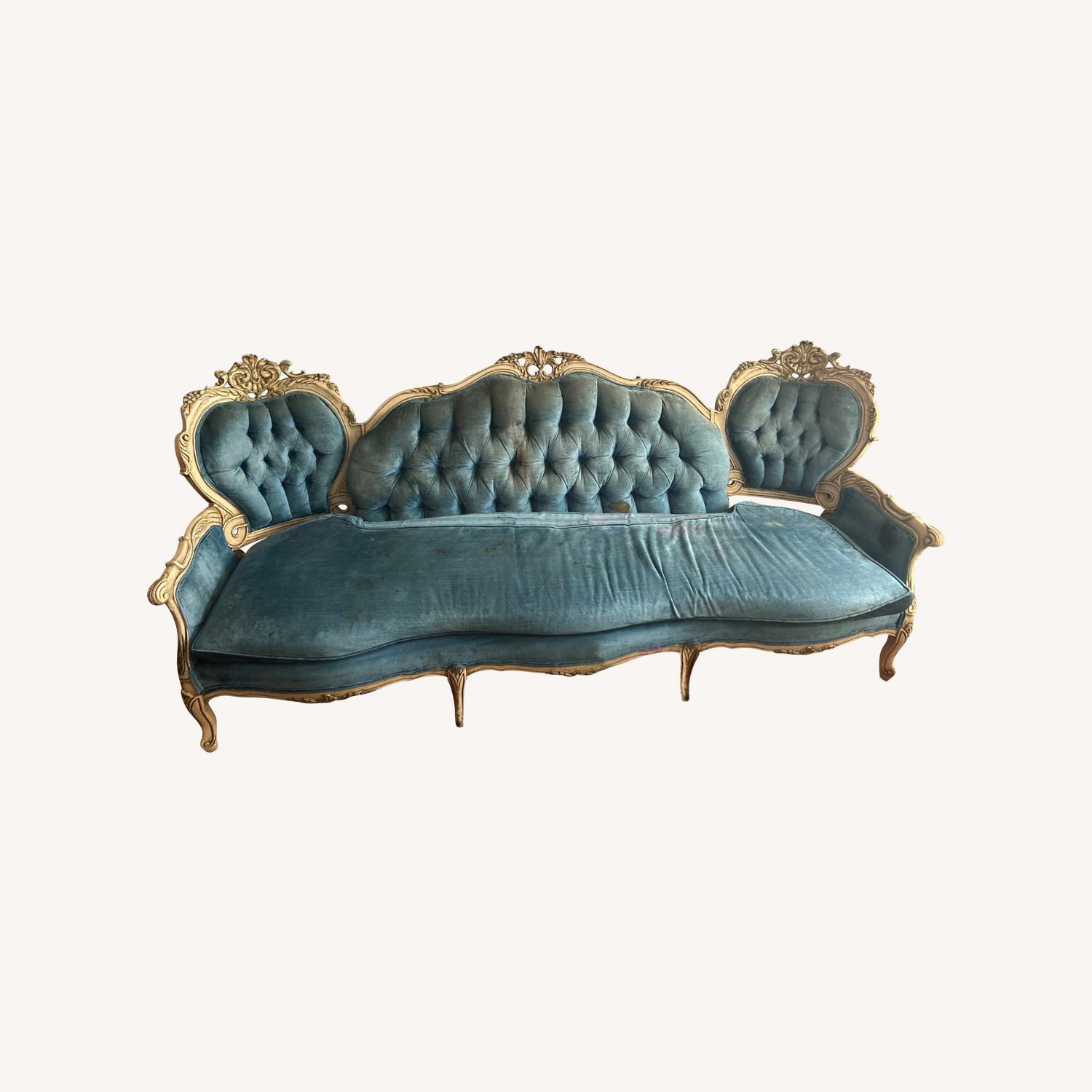 Vintage 19th Century Victorian Blue Velvet Sofa - image-0