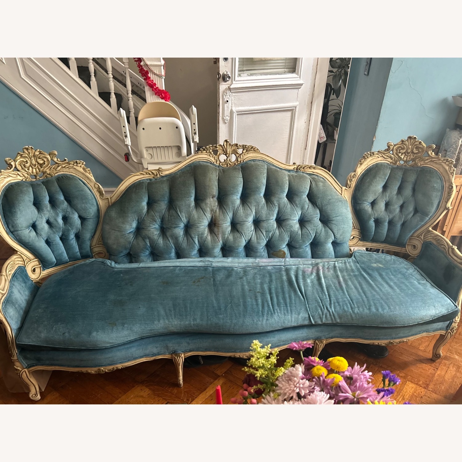 Vintage 19th Century Victorian Blue Velvet Sofa - image-3