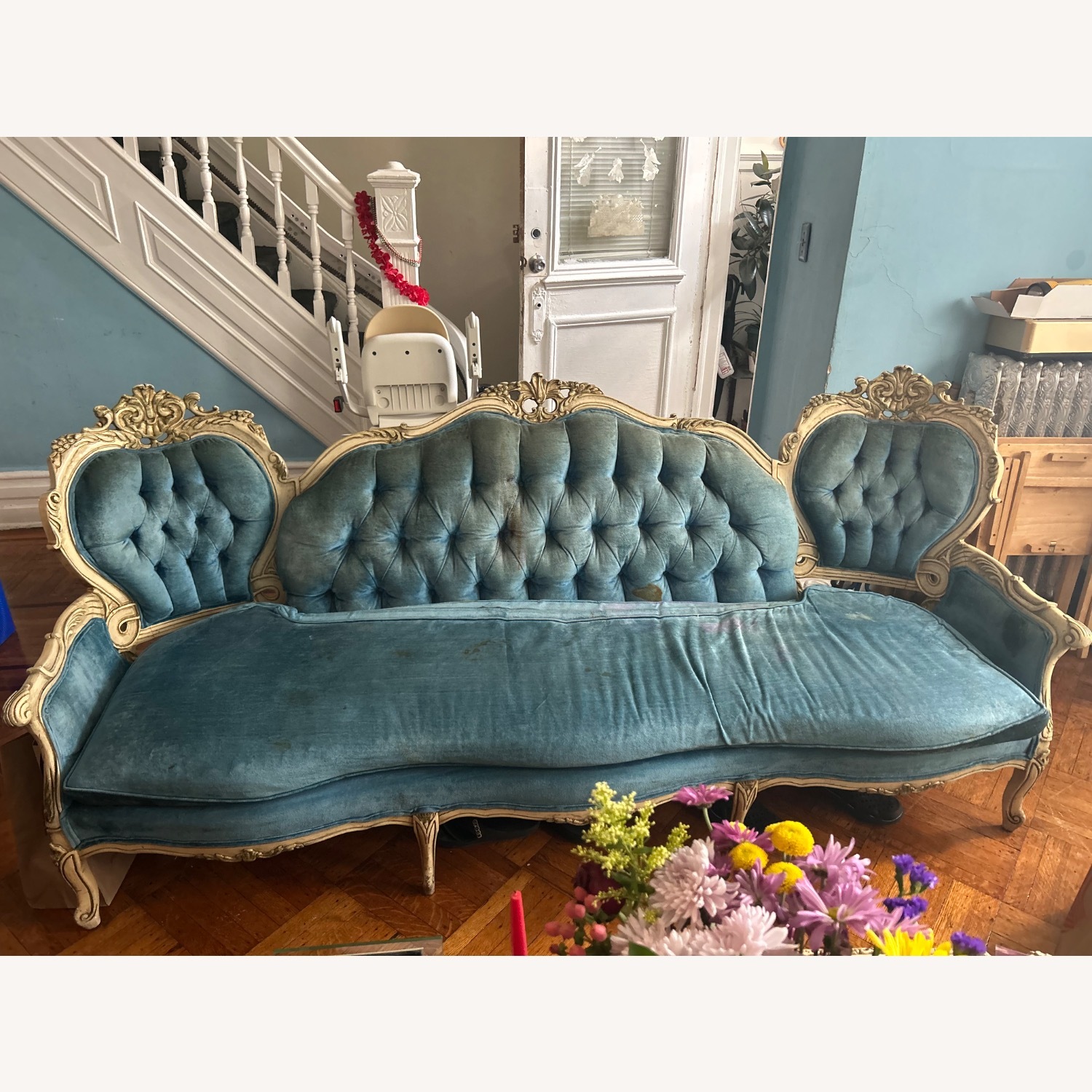 Vintage 19th Century Victorian Blue Velvet Sofa - image-1