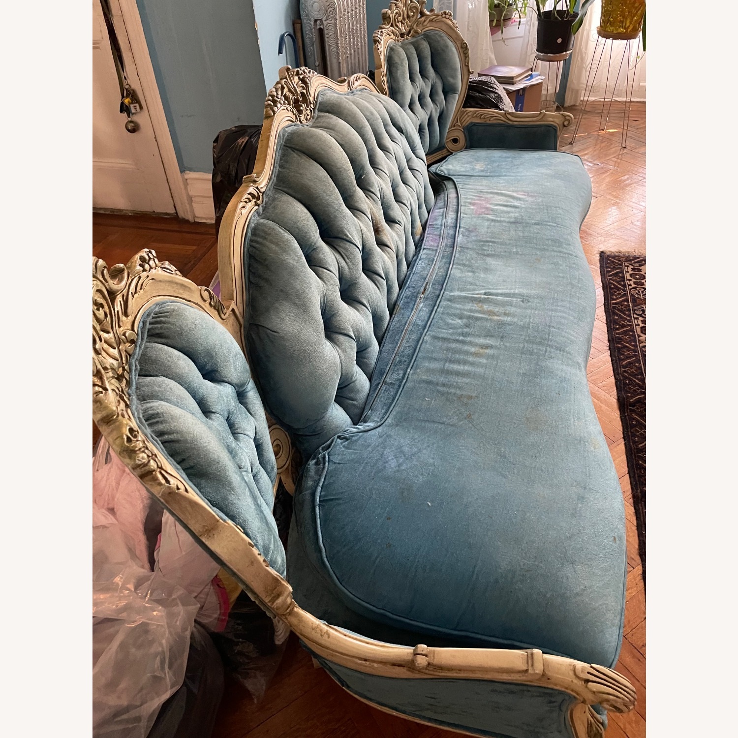Vintage 19th Century Victorian Blue Velvet Sofa - image-5