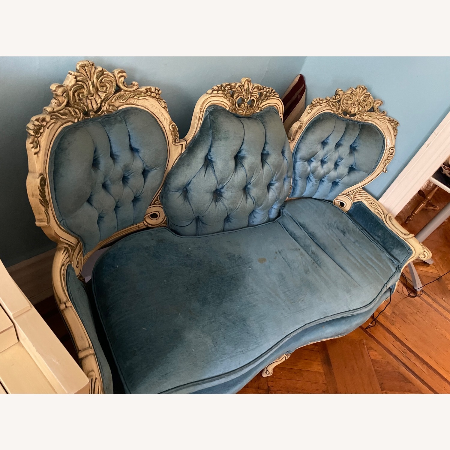 Vintage 19th Century Victorian Blue Velvet Sofa - image-3
