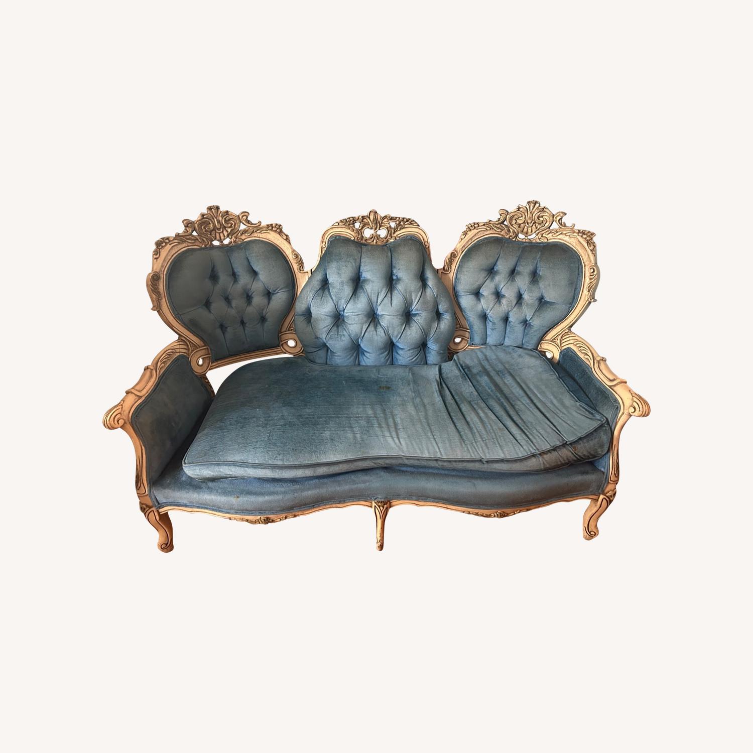 Vintage 19th Century Victorian Blue Velvet Sofa - image-0