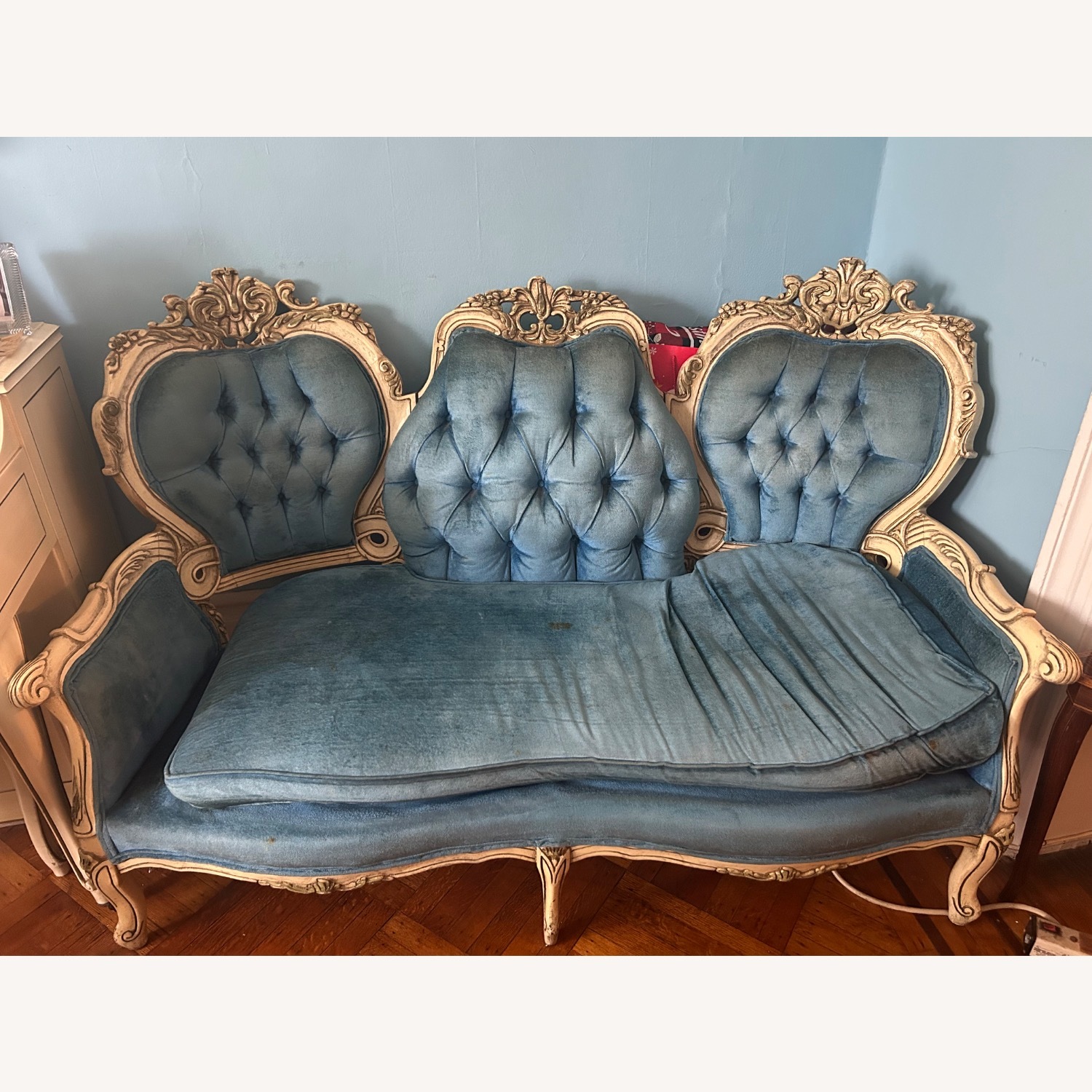 Vintage 19th Century Victorian Blue Velvet Sofa - image-1