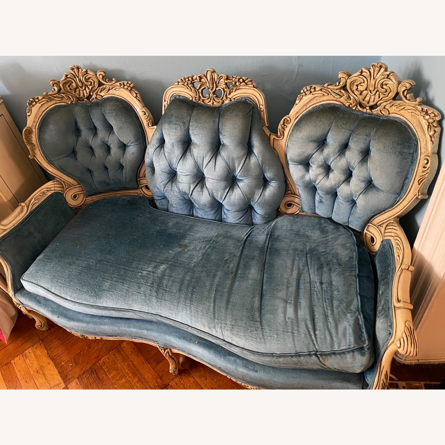 Vintage 19th Century Victorian Blue Velvet Sofa - image-2