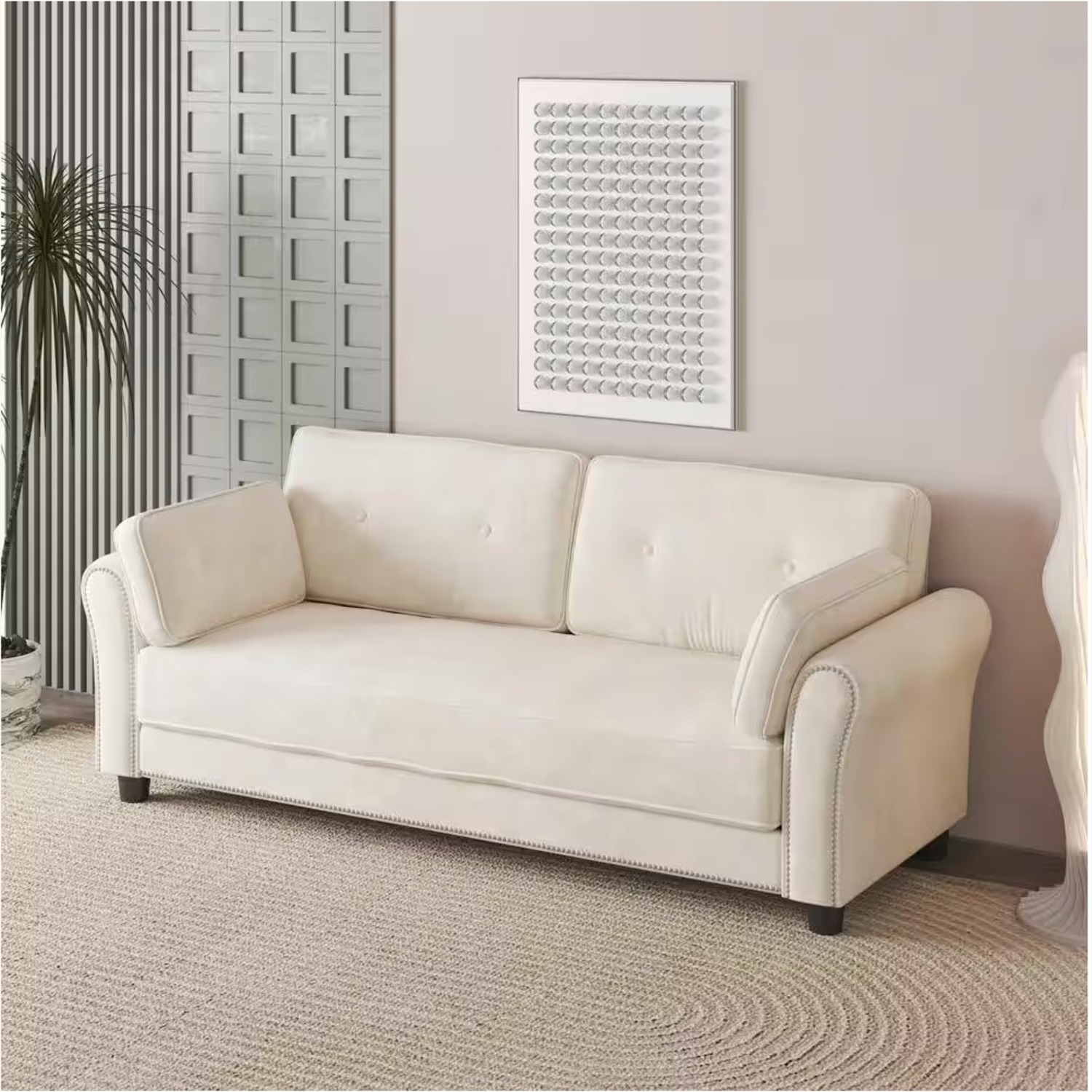 Beige Velvet Flared Arm Sofa – 79″ - image-2