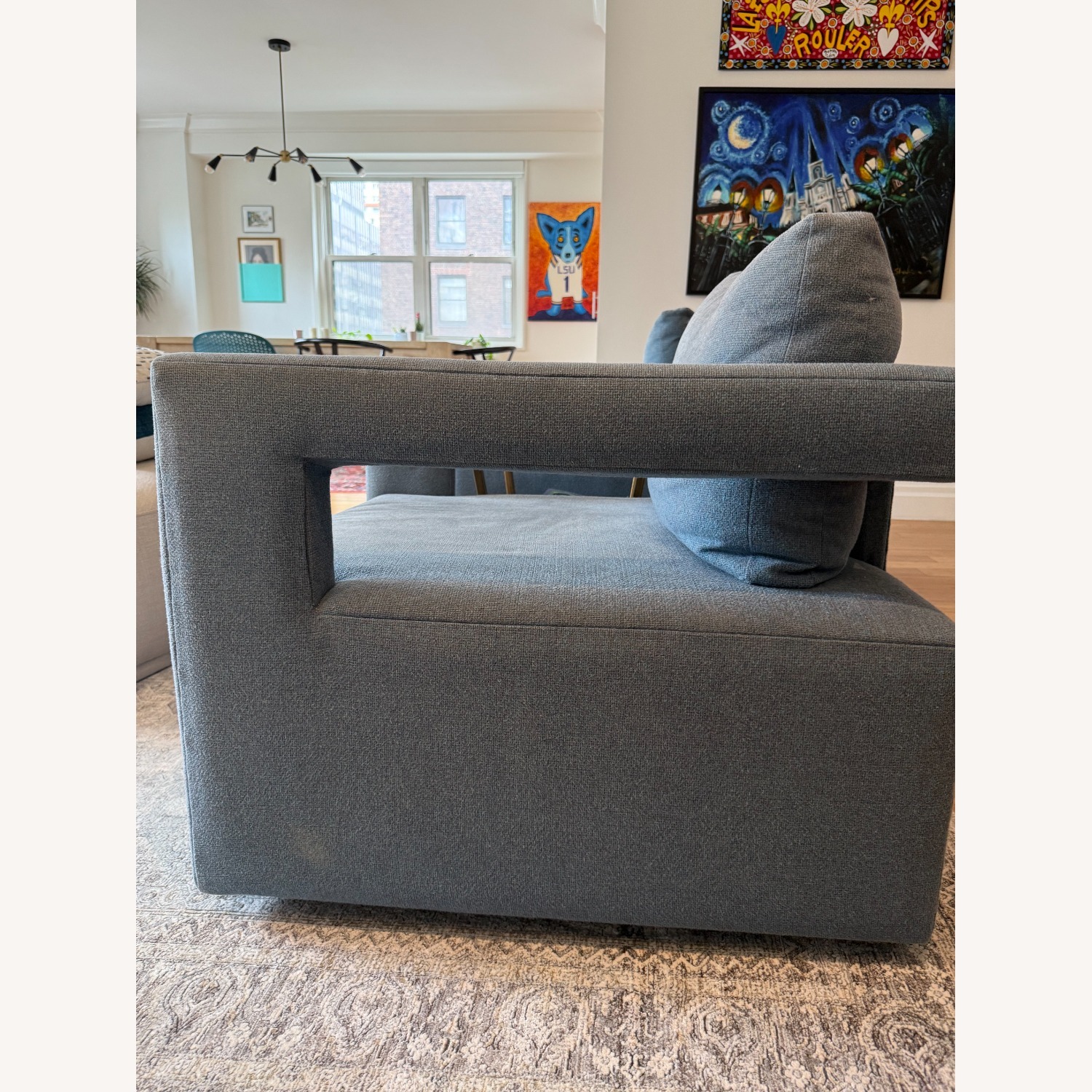 Blue Fabric Swivel Arm Chair - image-2