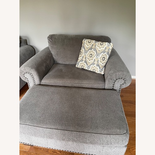 Used Raymour & Flanigan Chenille Chair and a Half & Ottoman for sale on AptDeco