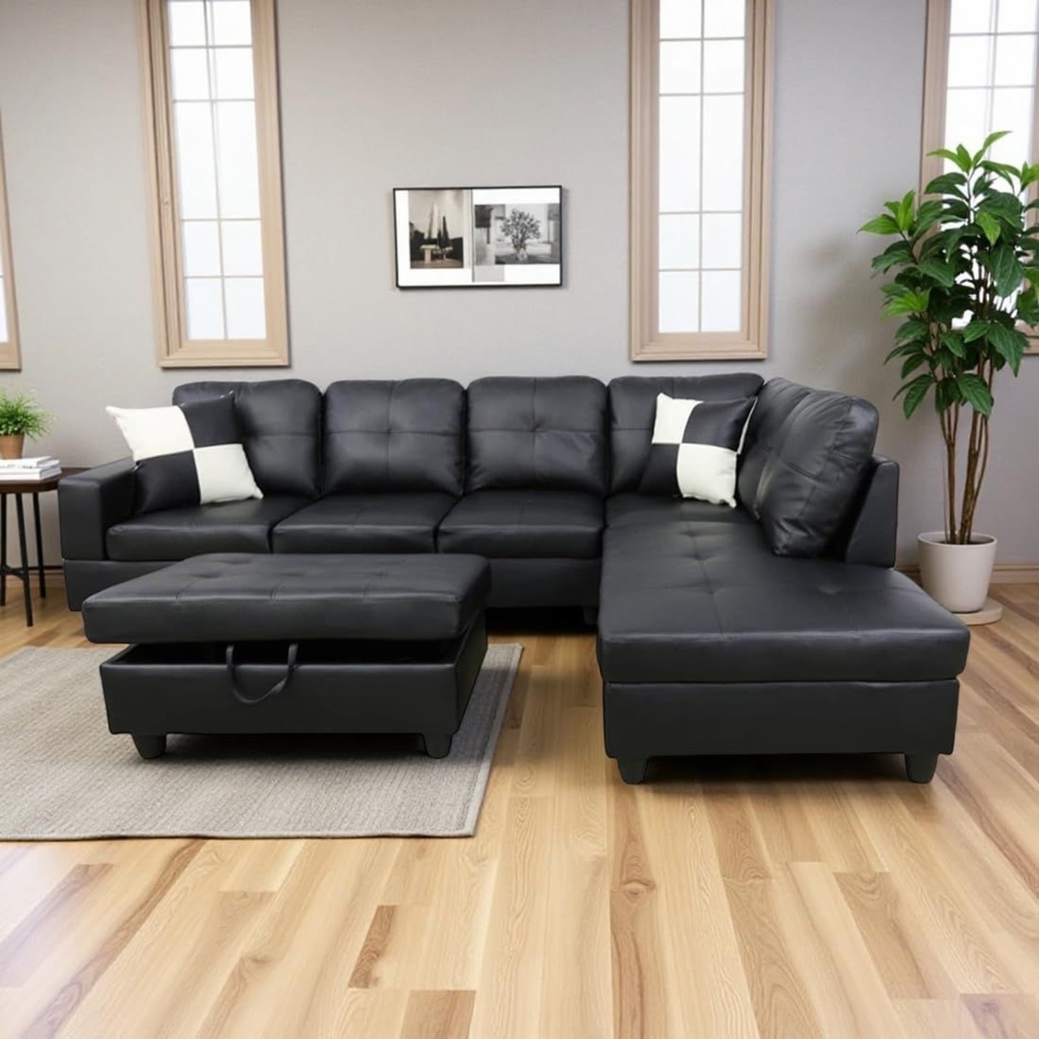 Black Leather Sectional - image-1