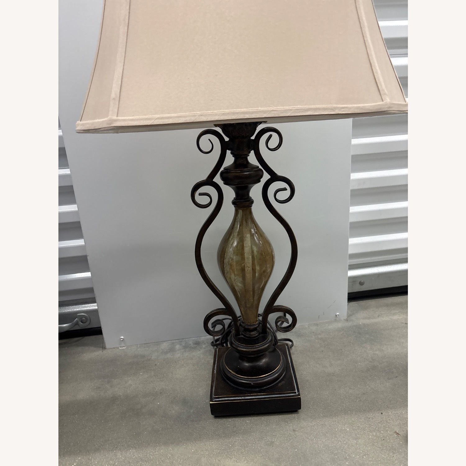 Old World Bronze Scroll Table Lamp & Fabric Shade - image-5
