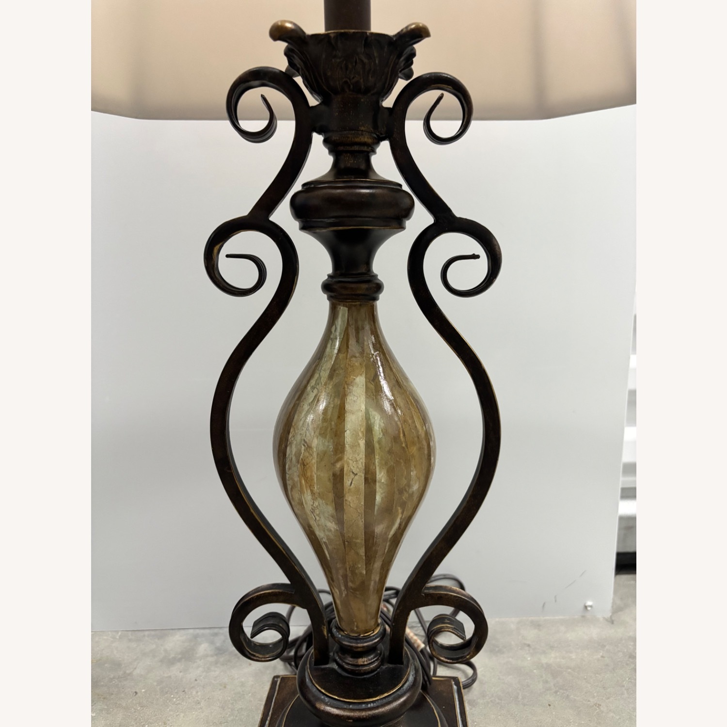 Old World Bronze Scroll Table Lamp & Fabric Shade - image-4