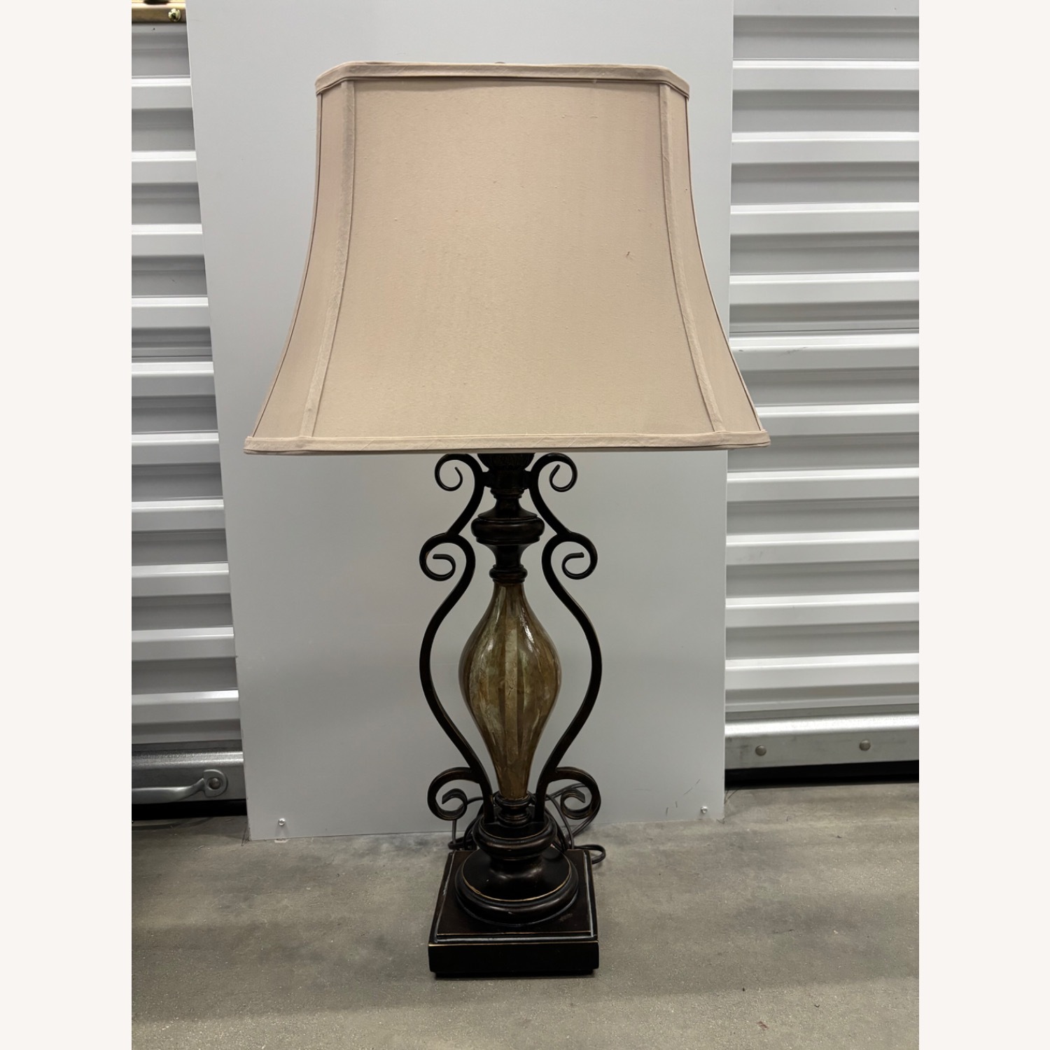 Old World Bronze Scroll Table Lamp & Fabric Shade - image-1