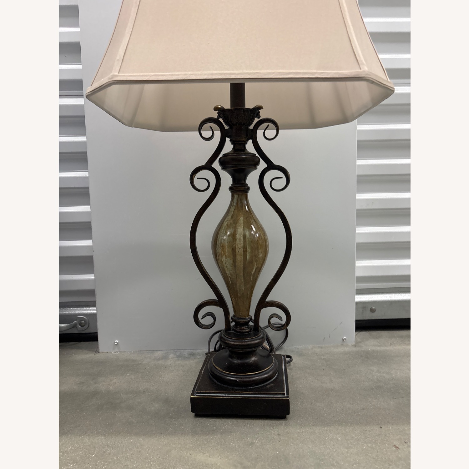 Old World Bronze Scroll Table Lamp & Fabric Shade - image-2