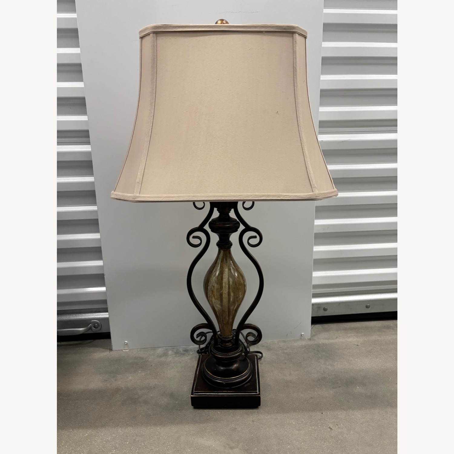 Old World Bronze Scroll Table Lamp & Fabric Shade - image-3