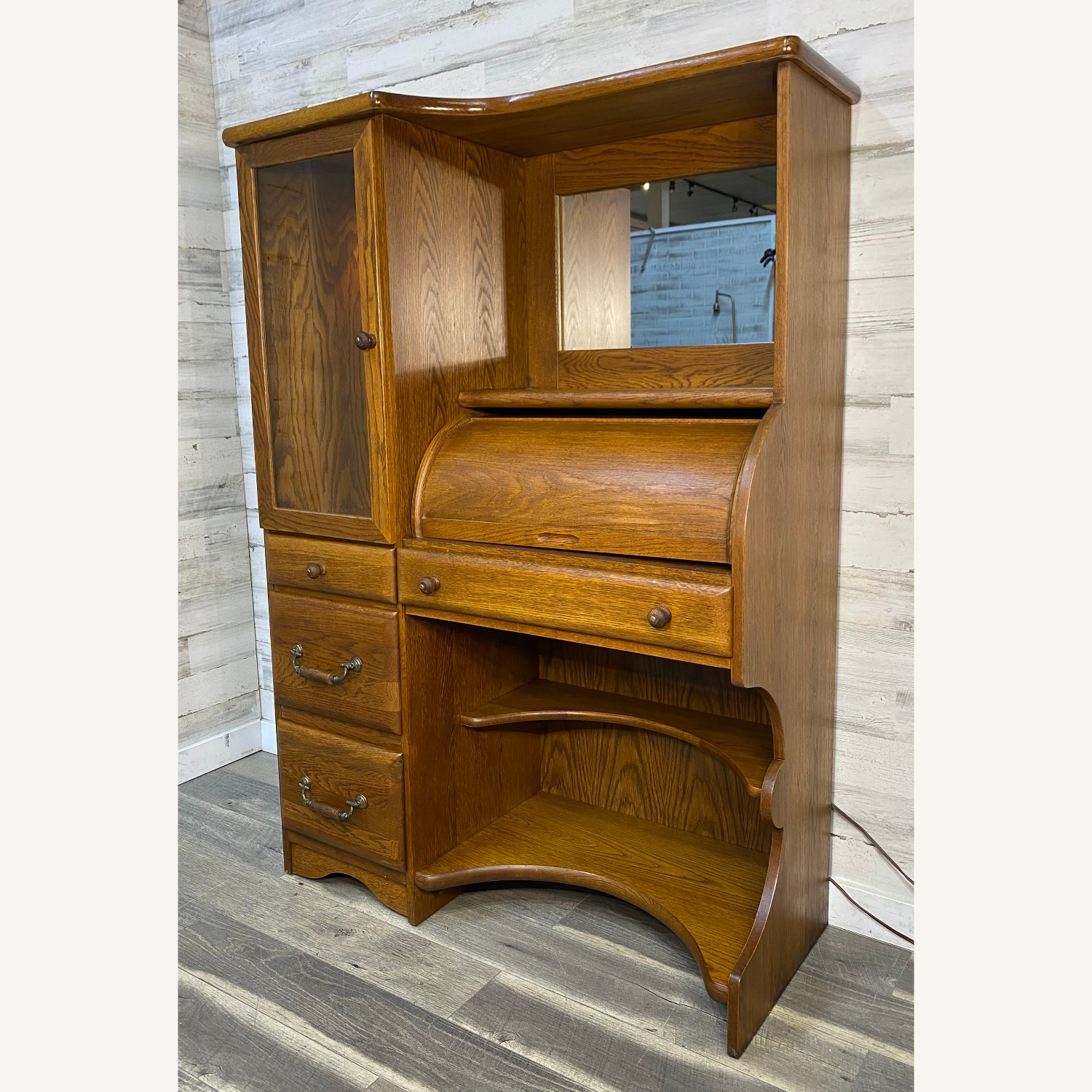 Bassett Oak Hutch W Roll Top Desk - AptDeco