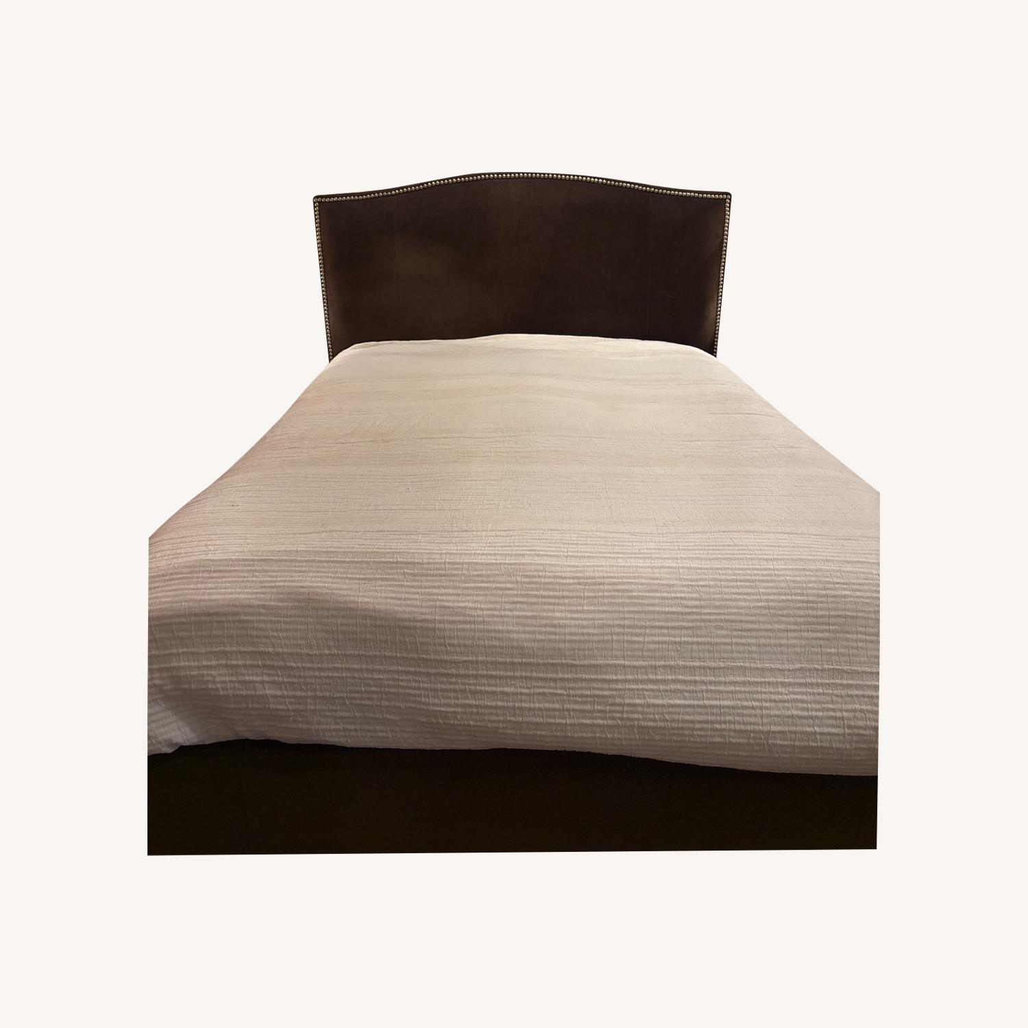 Crate & Barrel Collette Queen Upholstered Bed with Gold Nail Heads - image-0