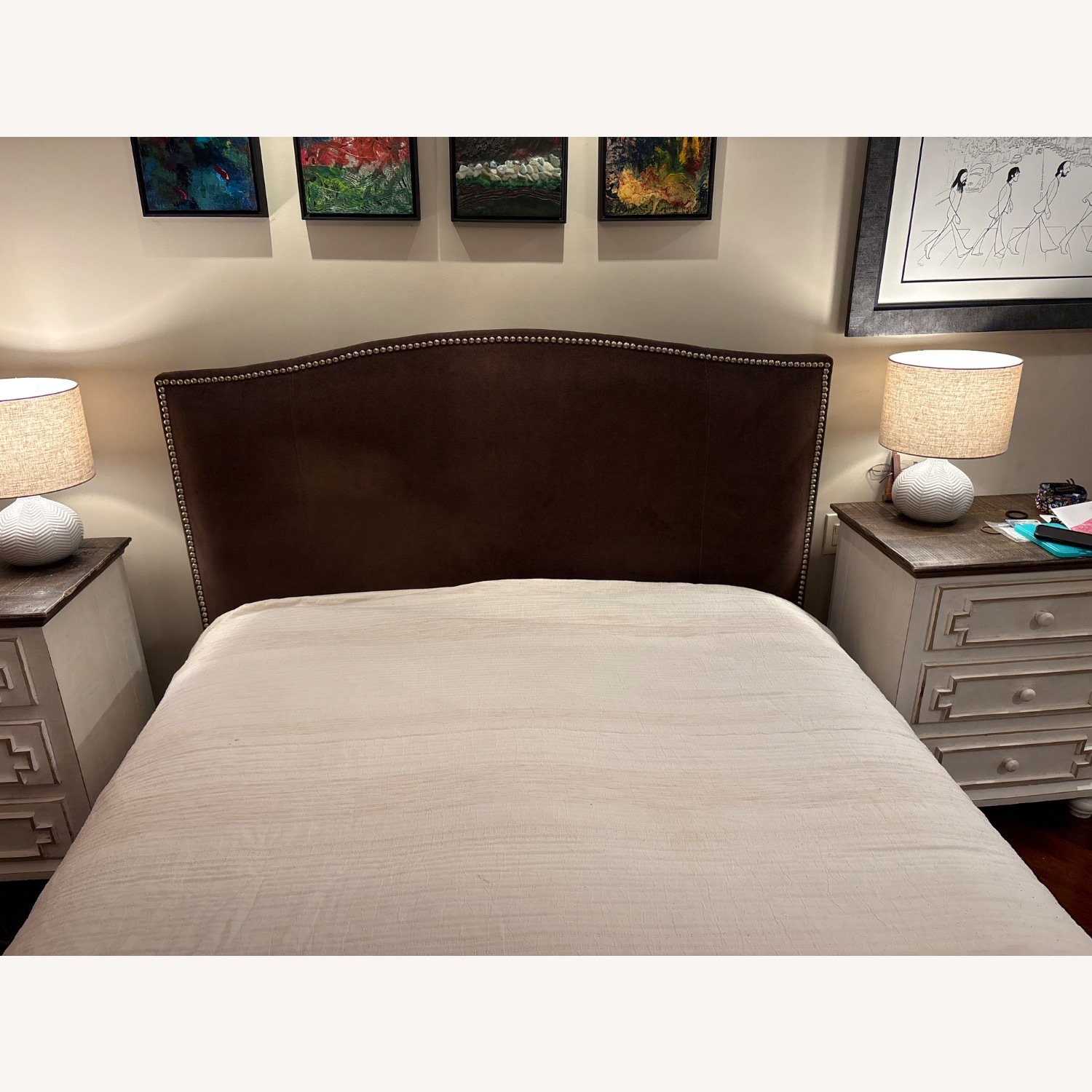 Crate & Barrel Collette Queen Upholstered Bed with Gold Nail Heads - image-2