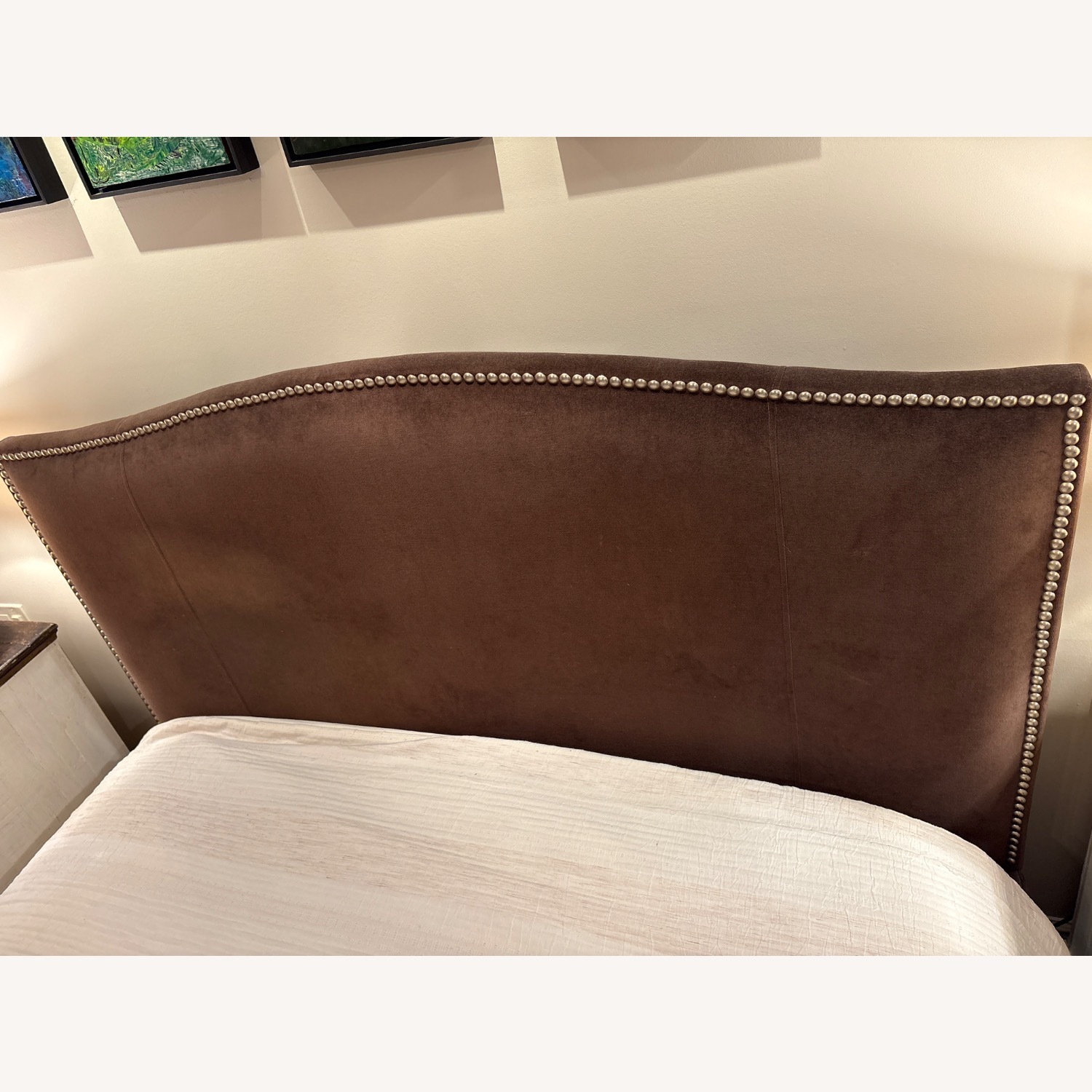 Crate & Barrel Collette Queen Upholstered Bed with Gold Nail Heads - image-5