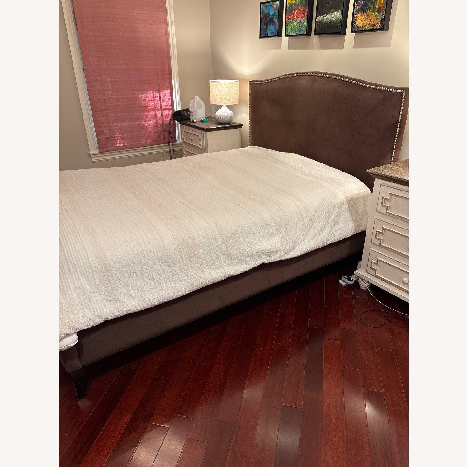 Crate & Barrel Collette Queen Upholstered Bed with Gold Nail Heads - image-3