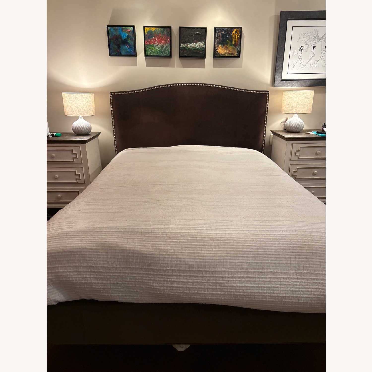 Crate & Barrel Collette Queen Upholstered Bed with Gold Nail Heads - image-1