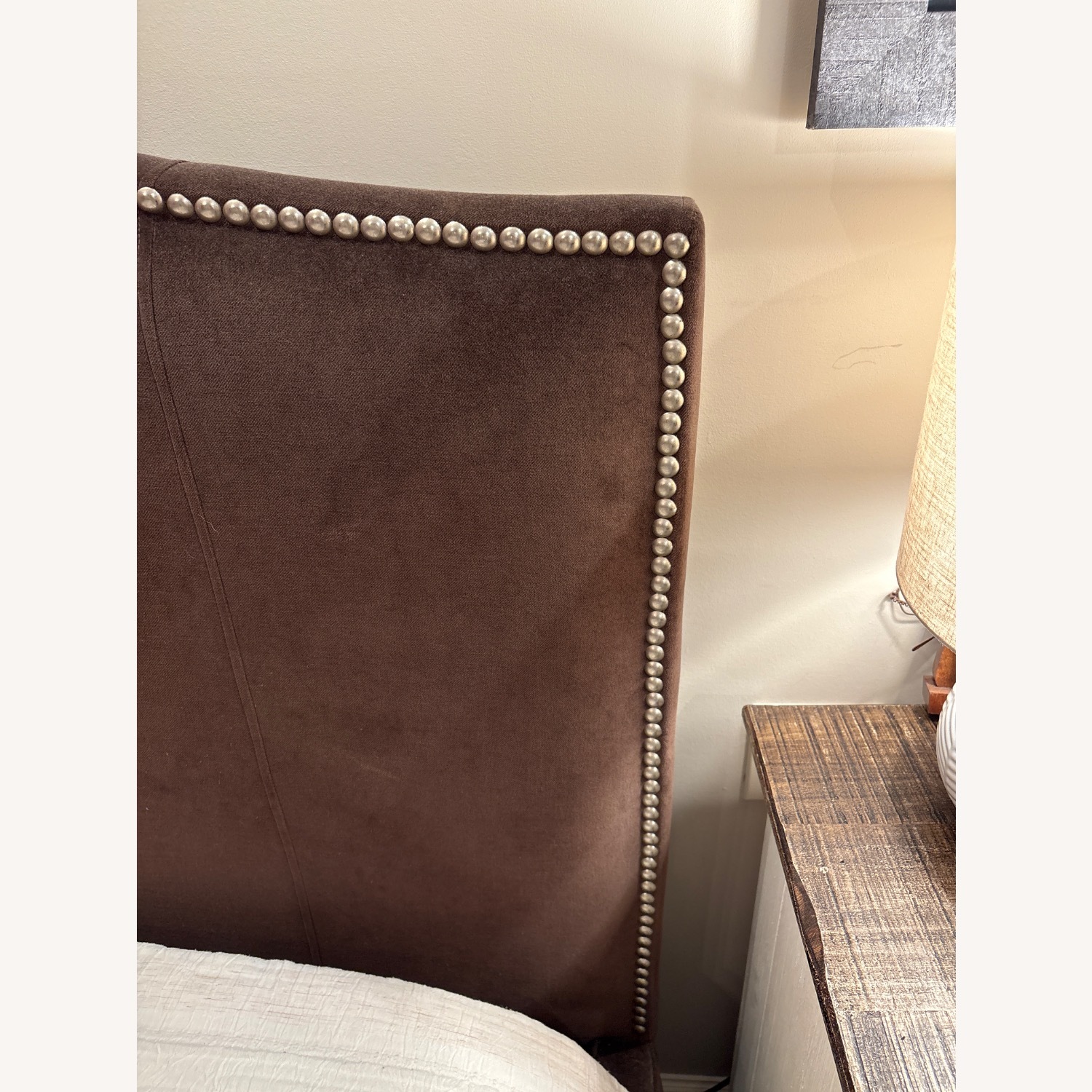 Crate & Barrel Collette Queen Upholstered Bed with Gold Nail Heads - image-4