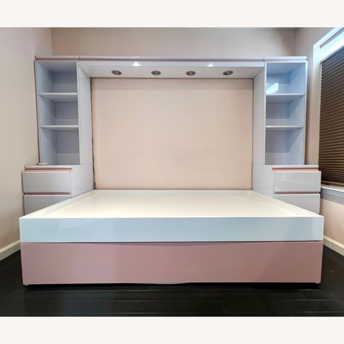 Used Custom Pink & White Twin Trundle Bed Set for sale on AptDeco