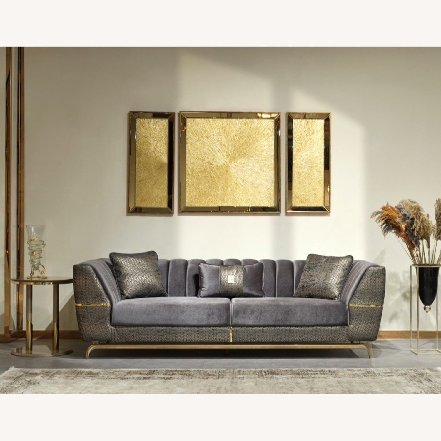 Madrid Luxe Charcoal Velvet Sofa with Gold Accents - image-3