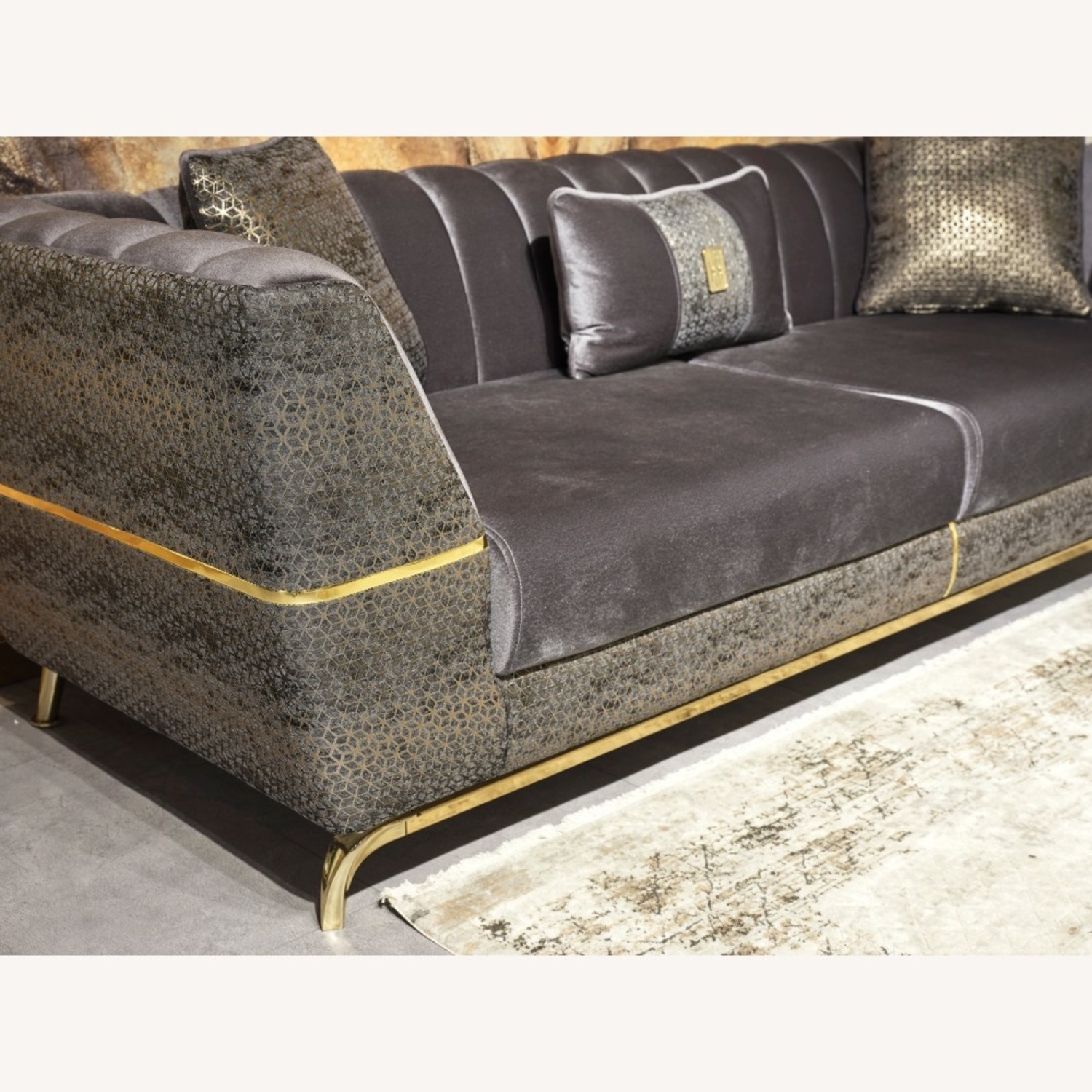 Madrid Luxe Charcoal Velvet Sofa with Gold Accents - image-2