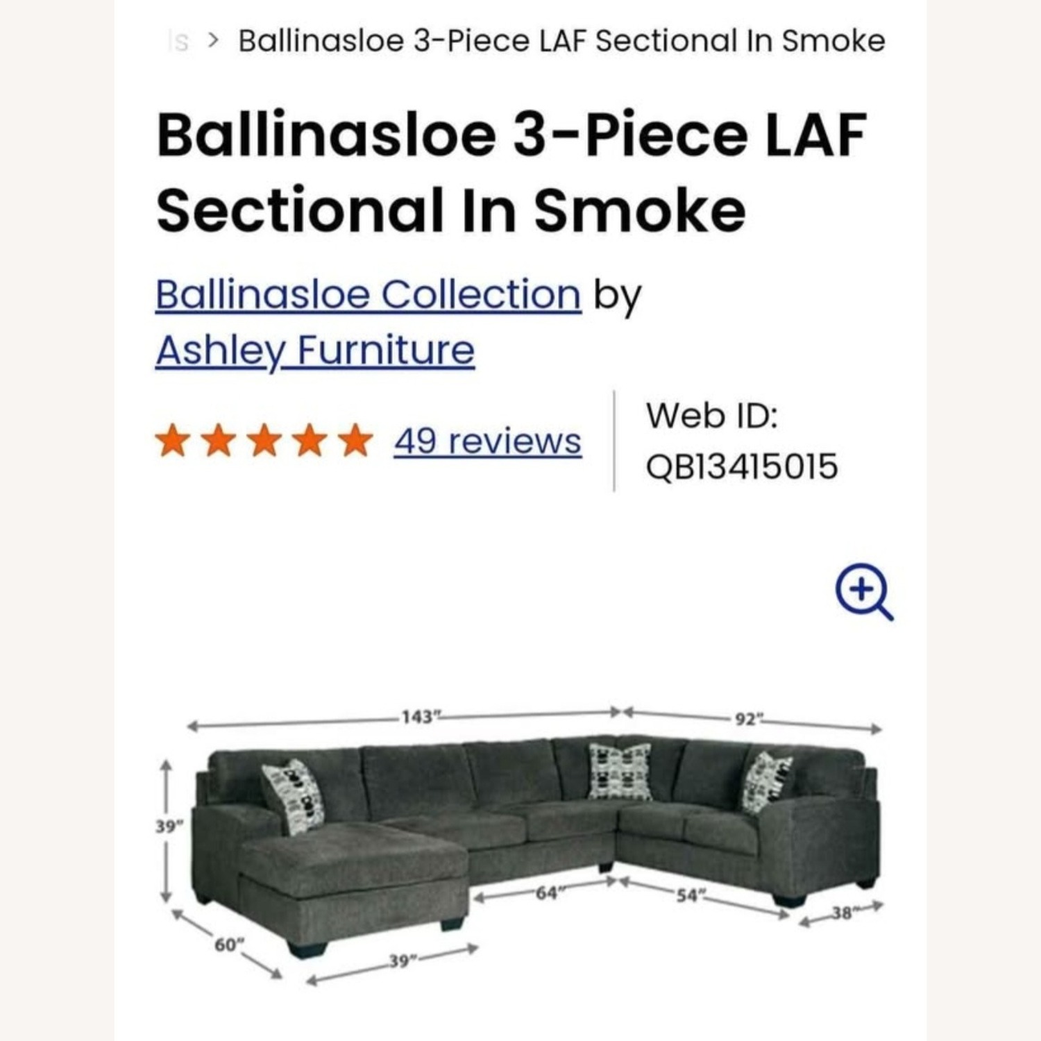 Ashley Furniture Ballinasloe 3 Piece LAF Sectional in Smoke - image-1