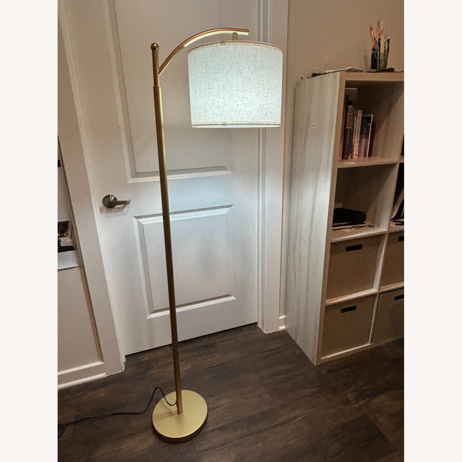 Cream Colored Floor Lamp With Golden Stand - image-1