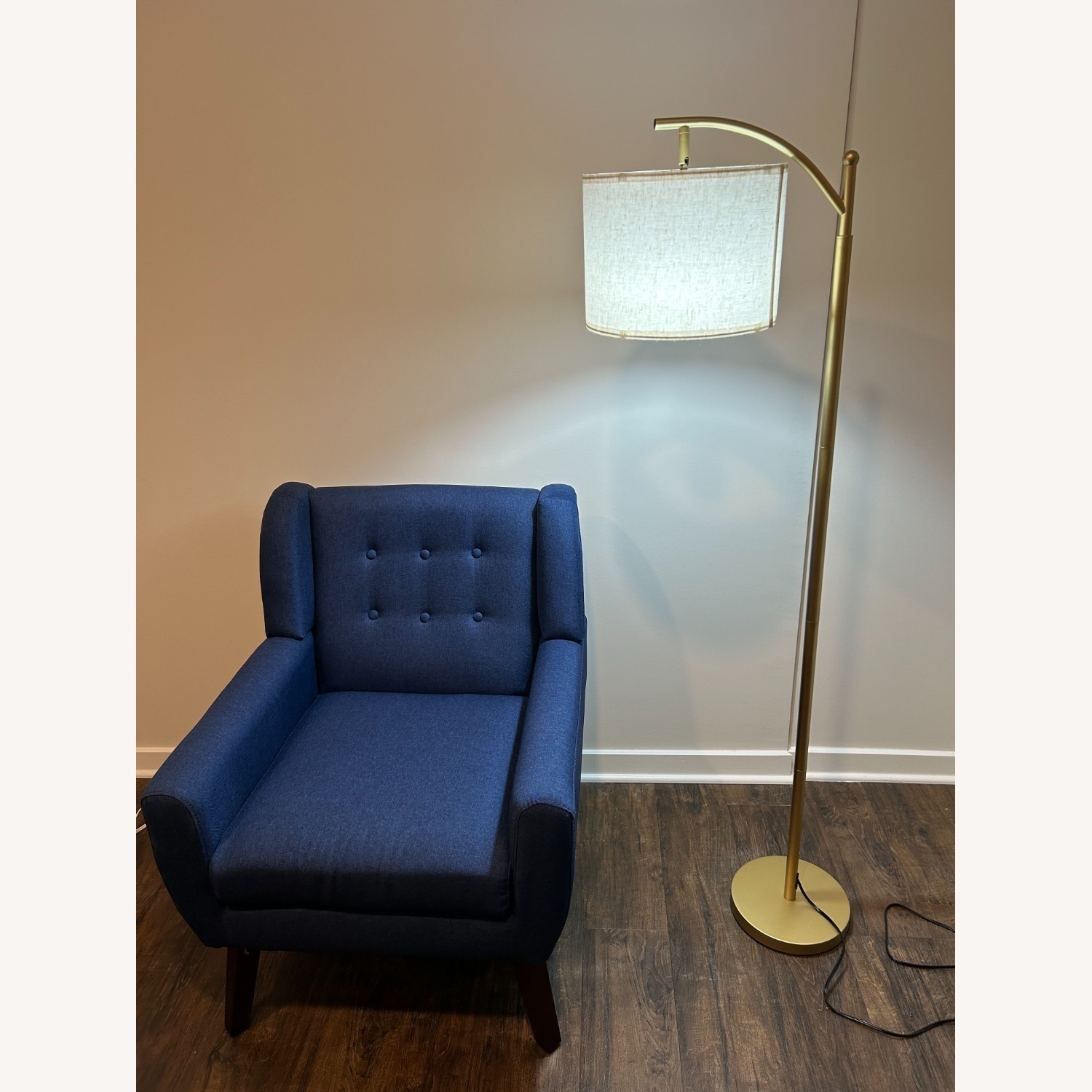 Cream Colored Floor Lamp With Golden Stand - image-3