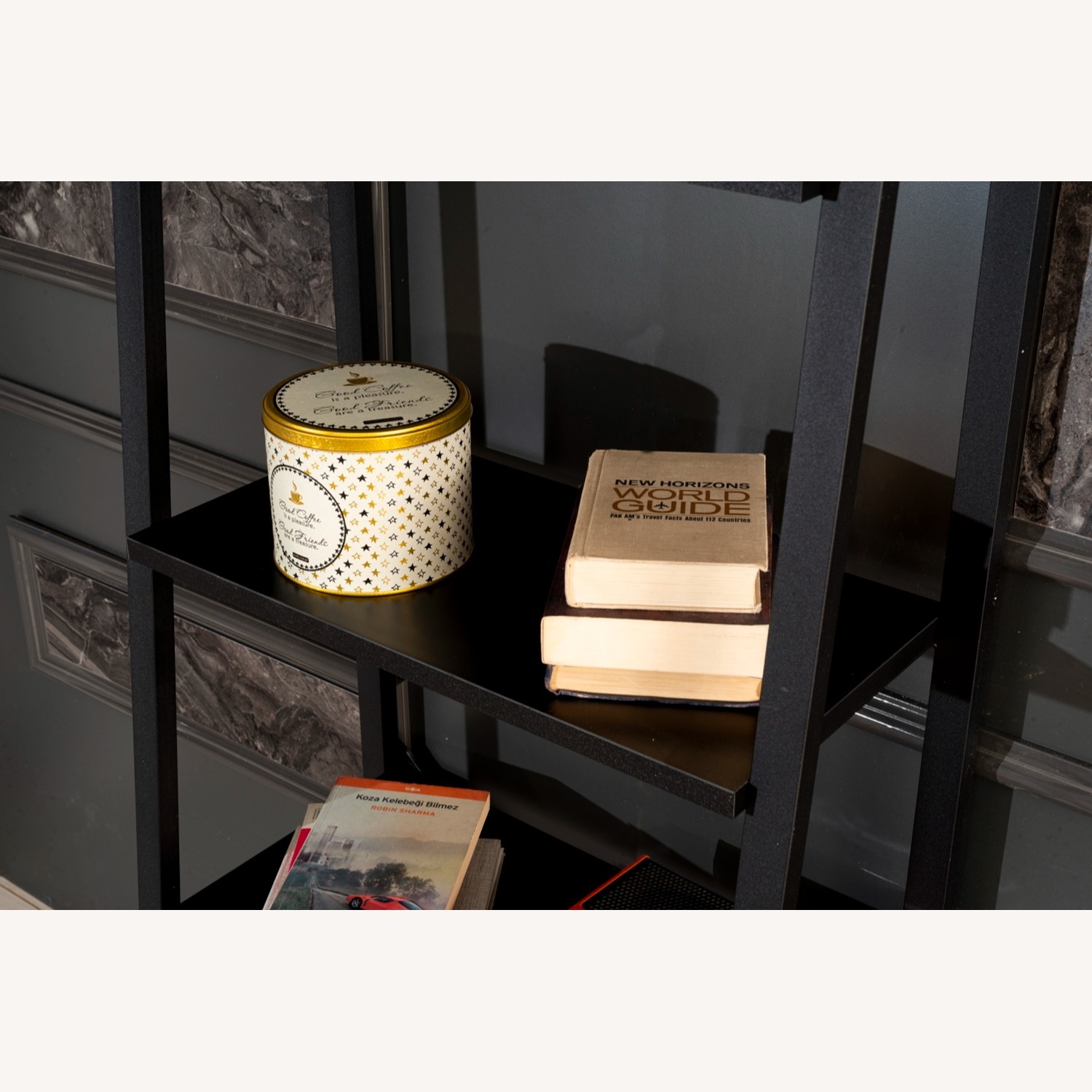 Modern Black Metal & Wood Ladder Bookcase – 4-Tier - image-2