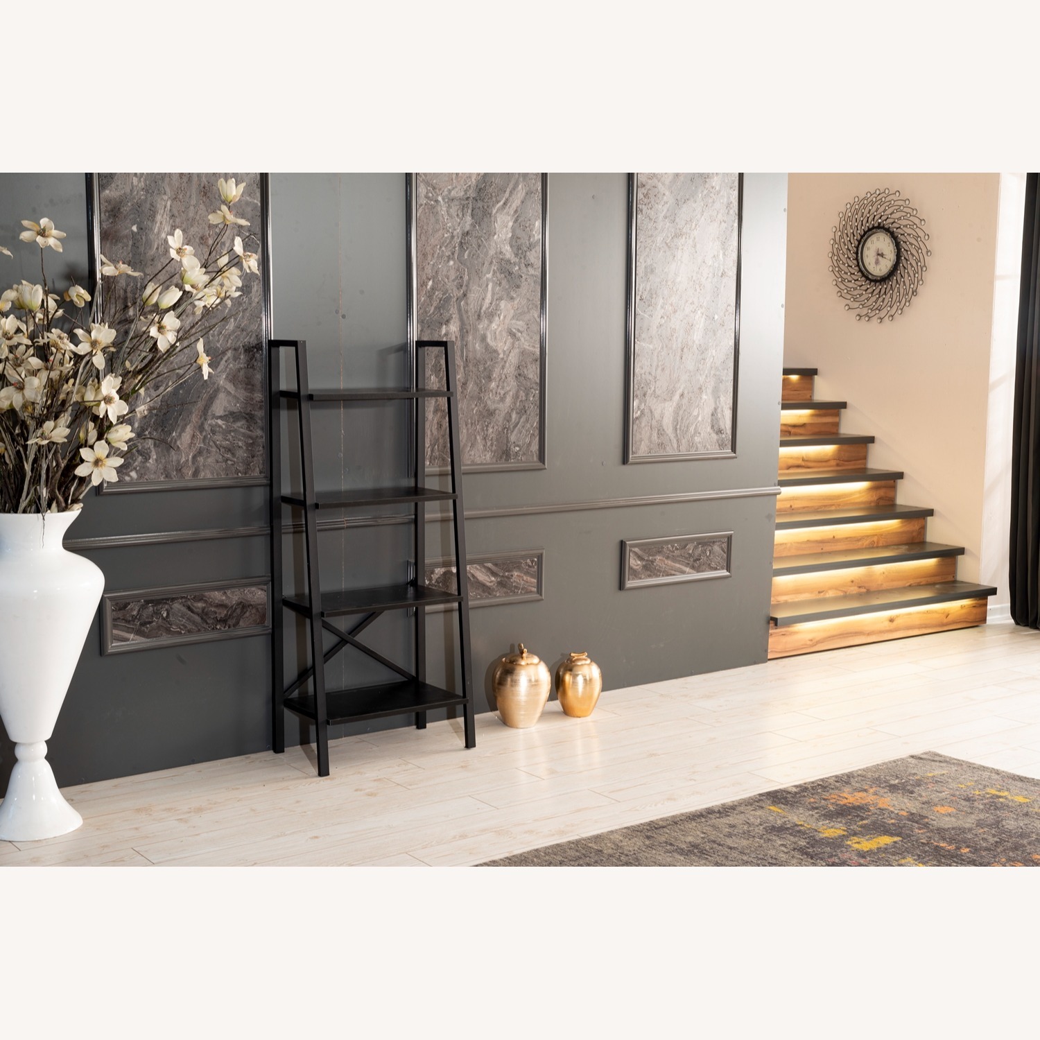 Modern Black Metal & Wood Ladder Bookcase – 4-Tier - image-4