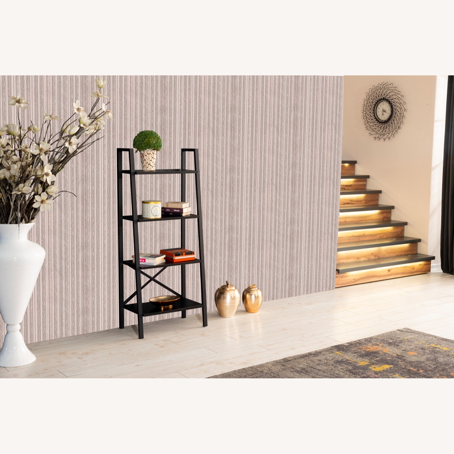 Modern Black Metal & Wood Ladder Bookcase – 4-Tier - image-1