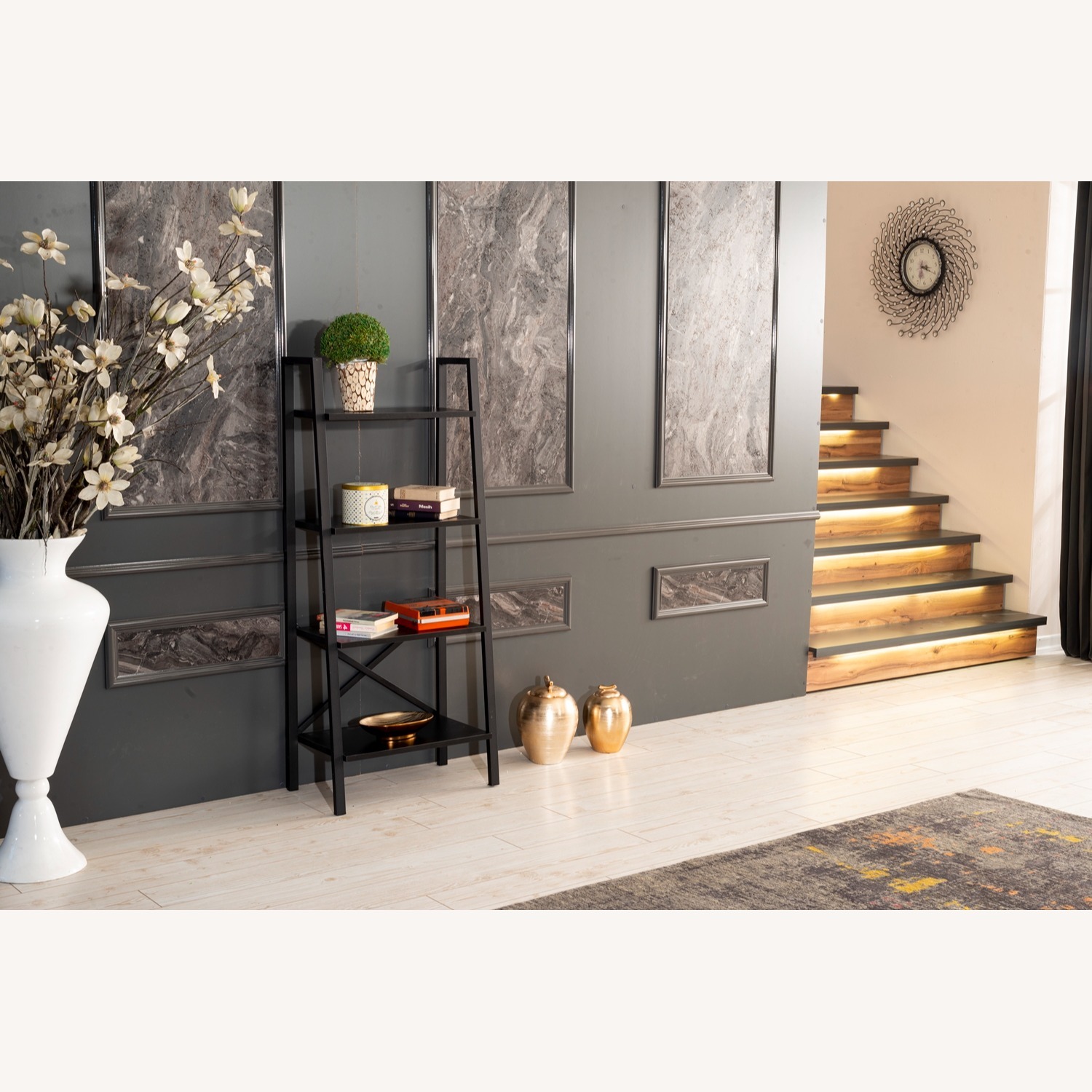 Modern Black Metal & Wood Ladder Bookcase – 4-Tier - image-7