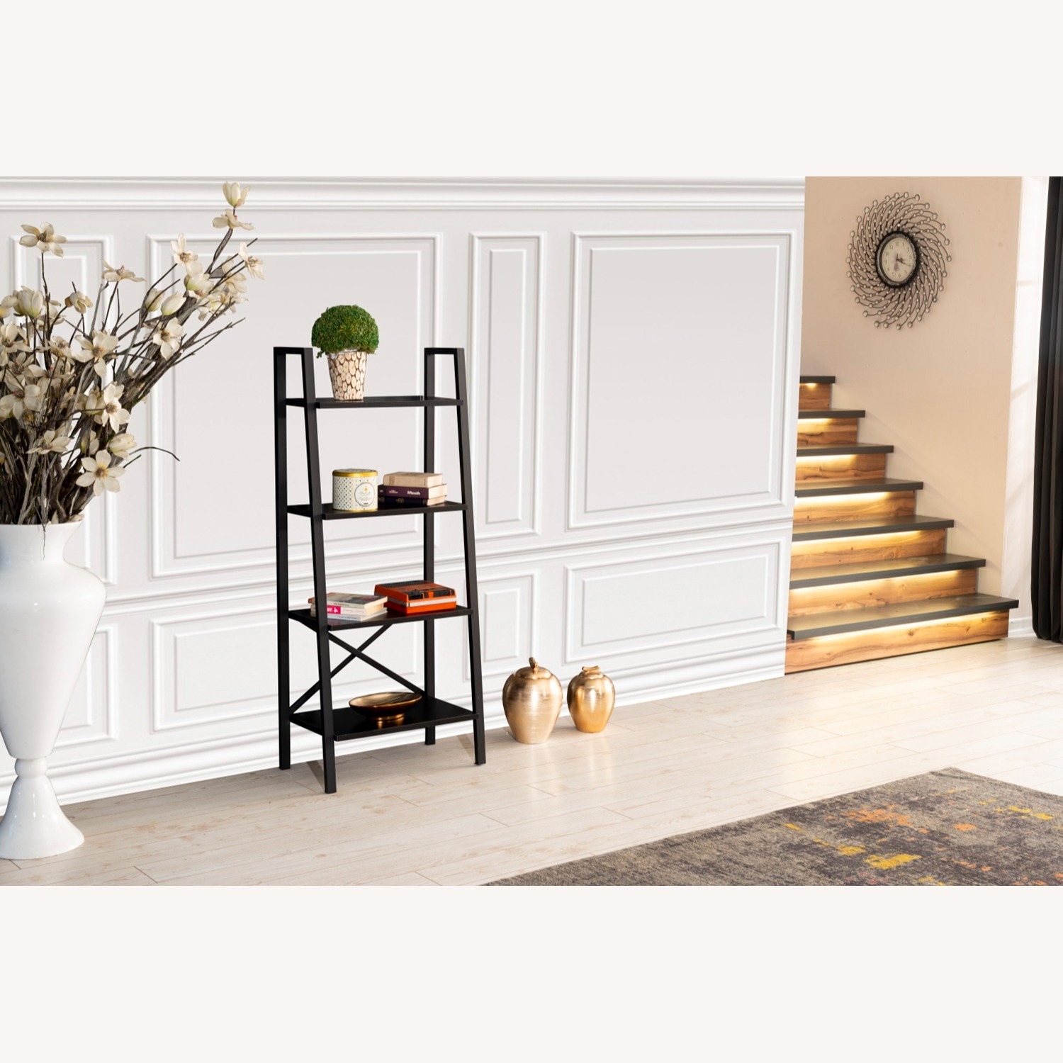 Modern Black Metal & Wood Ladder Bookcase – 4-Tier - image-6