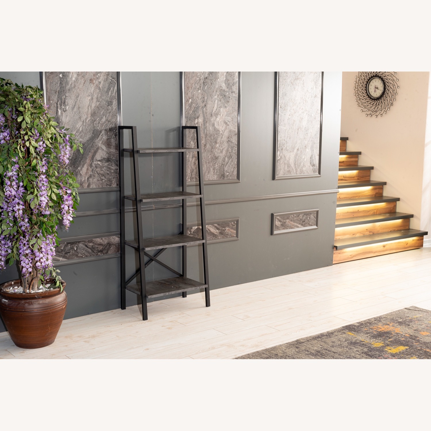 Modern Gray Metal & Wood Ladder Bookcase – 4-Tier - image-8